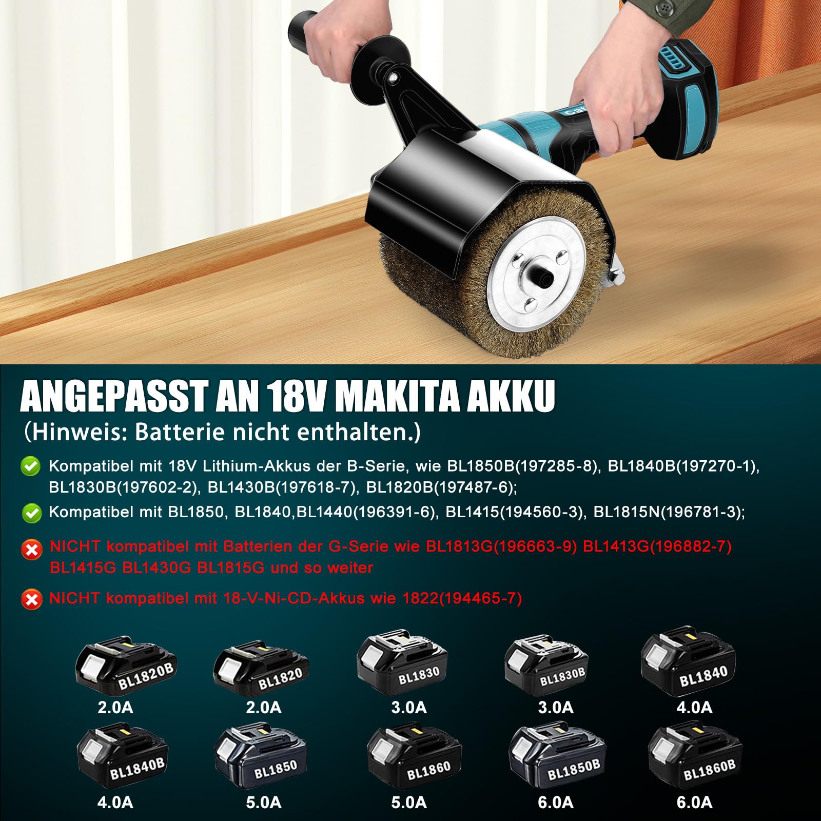 Ponceuse à brosse sans fil 800 W compatible avec Ma-kita 18 V, bouton rotatif à 6 vitesses, machine à satiner 8000 tr/min pour rénovation extérieure, 2 brosses à lamelles et accessoires (sans