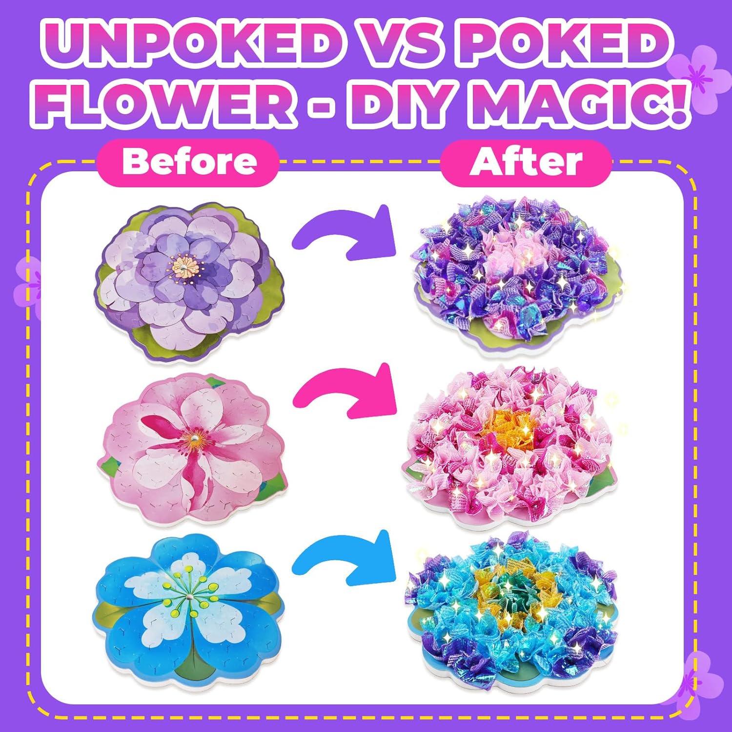 Vinkp Flower Bouquet Art Craft Kit, Arts and Crafts for Kids Ages 4-8, Poke Kit with with 6 Flowers & 6 Light Strings, Mess-Free for Girls & Boys, Craft Gift for Girls Ages 4, 5, 6, 7, 8+