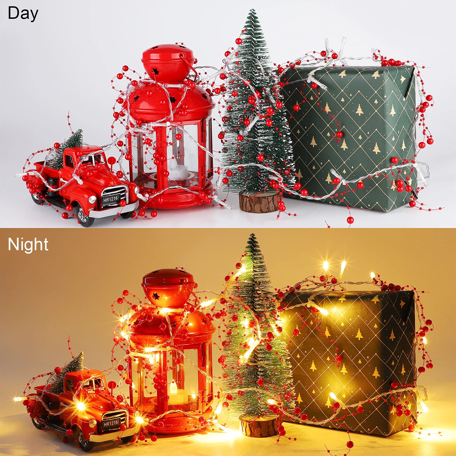 MCEAST Guirnalda de Navidad con cuentas de bayas rojas de 13 pies de Navidad con 40 luces LED iluminadas con cuentas de bayas para Navidad, decoración interior y exterior