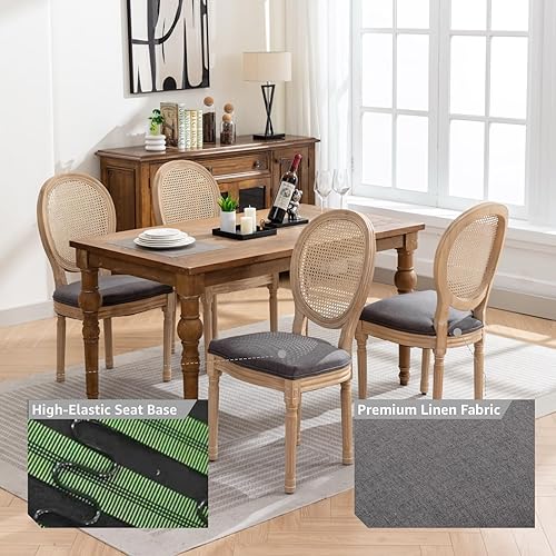 Miniatura 6 de Juego de 2 sillas de comedor de campo francés, sillas de comedor de ratán con respaldo de caña gris con asiento tapizado de lino, patas de madera