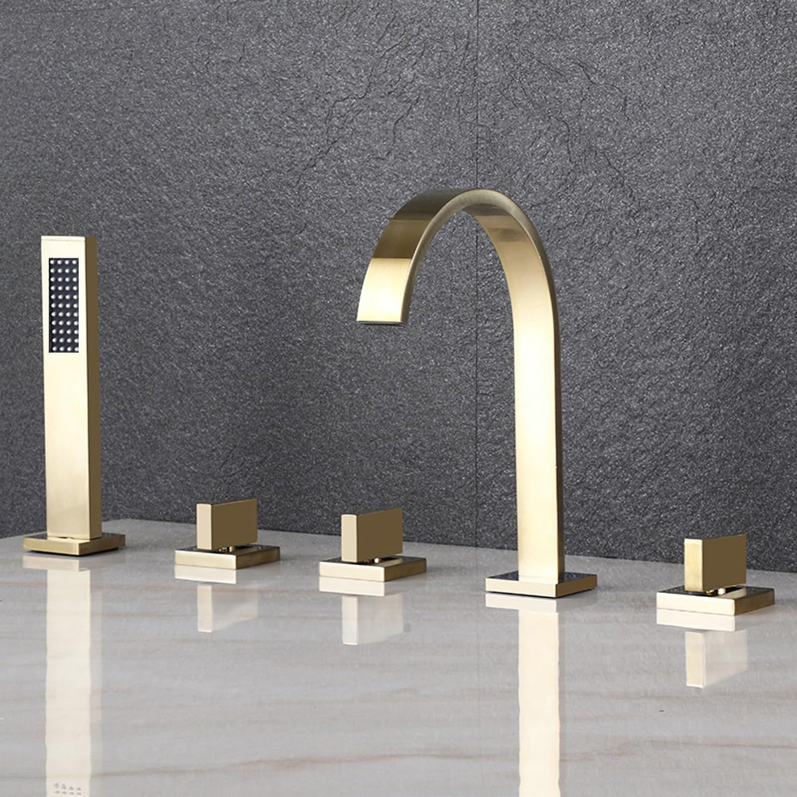 SnamicE 5 Hole Shower Bath Mixer Taps Deck Waterfall Bath Shower Mixer Taps + Shower Kit Bathtub Tap Black,Brushed Gold