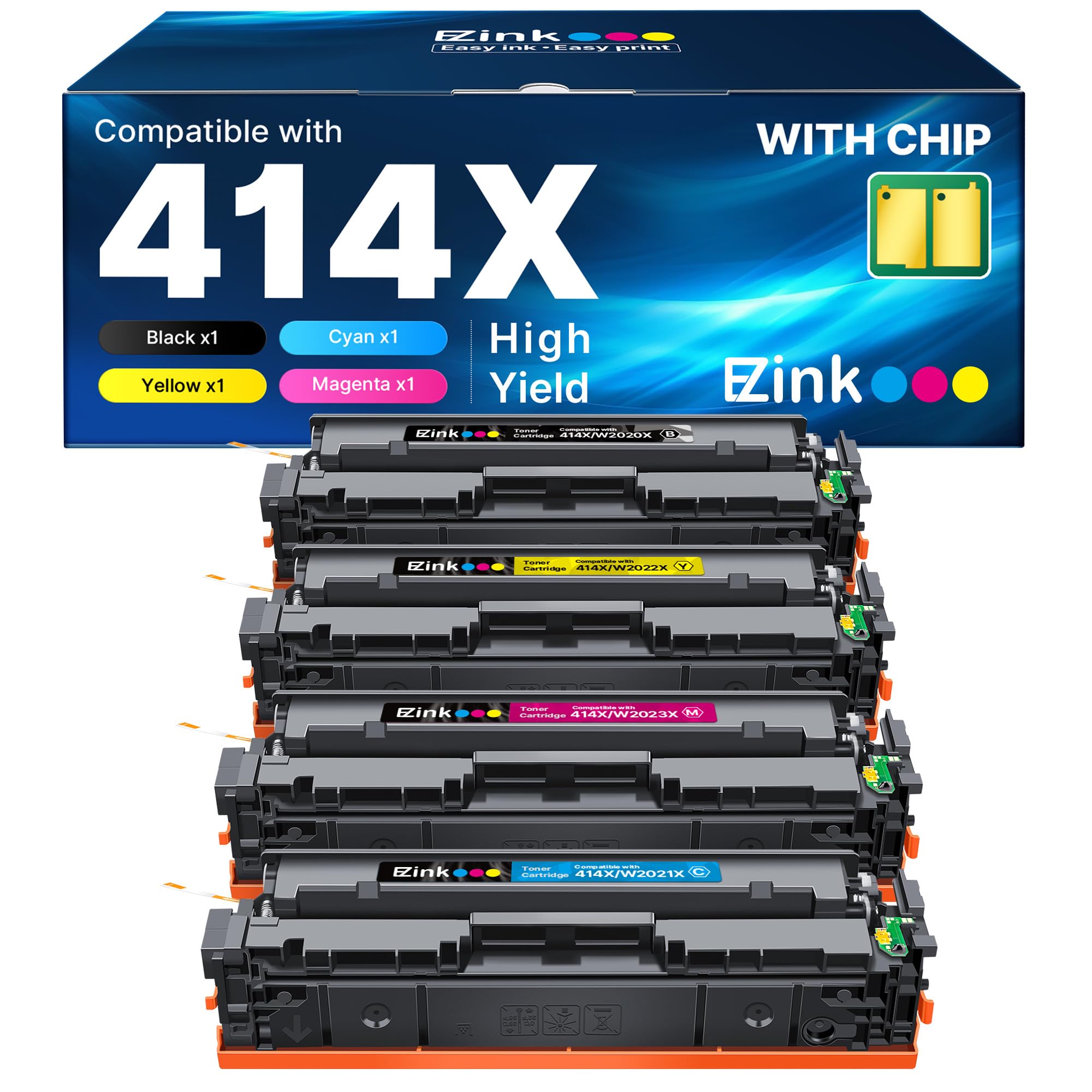 E-Z Ink 414X Toner Cartridges Compatible Replacement for HP 414X 414A W2020X Toner to Use with HP Color LaserJet Pro MFP M479fdw M479fdn M454dw M454dn M479 (4 Pack High Yield with Chip)