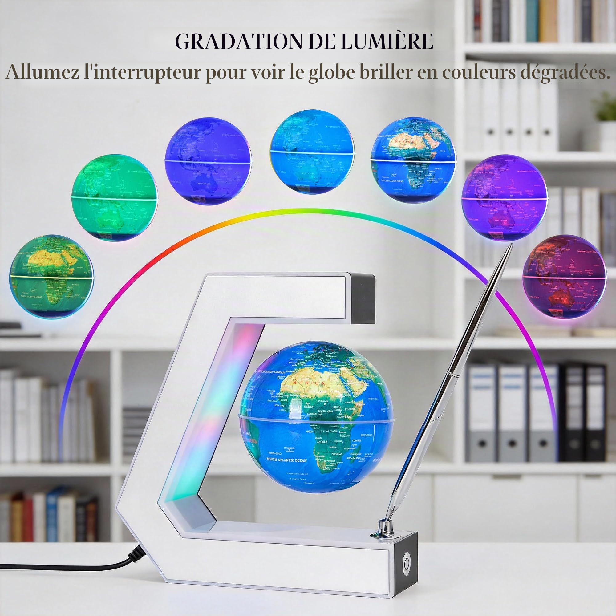 Globe terrestre magnétique flottant avec lampe et stylo - Décoration de bureau cool et géographie éducative pour enfants (Panneau argenté)