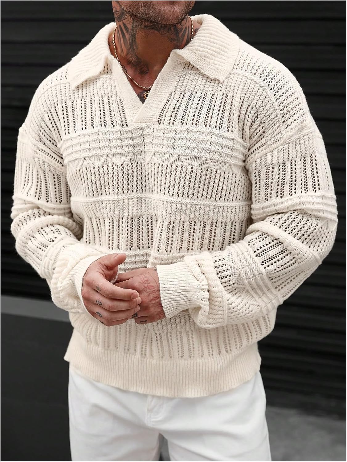 Men's Cable Knit Sweater Crochet Collar V Neck Sweaters Long Sleeve Chunky Pullover Sweaters - Image 5
