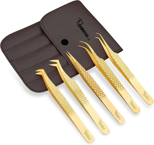 ZAMAHA UK Lash Eyelash Extension Tweezers Set of 5, Japanese Stainless Steel Tools Straight Curved 45 90 Degree Angled Tip, Volume Tweezers Precision (Gold Platted)