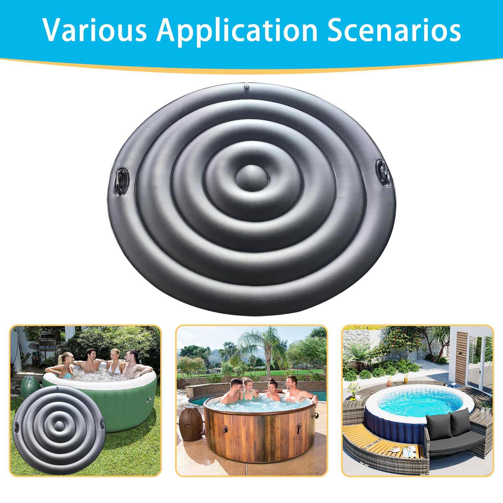 Couvercle de Bain à Remous, 160CM Couverture De Spa Gonflable avec Poignée, Couverture De Spa pour Bain À Remous, Économie D'Énergie, Universel et Pratique pour Spa (Noir, Rond-160CM)