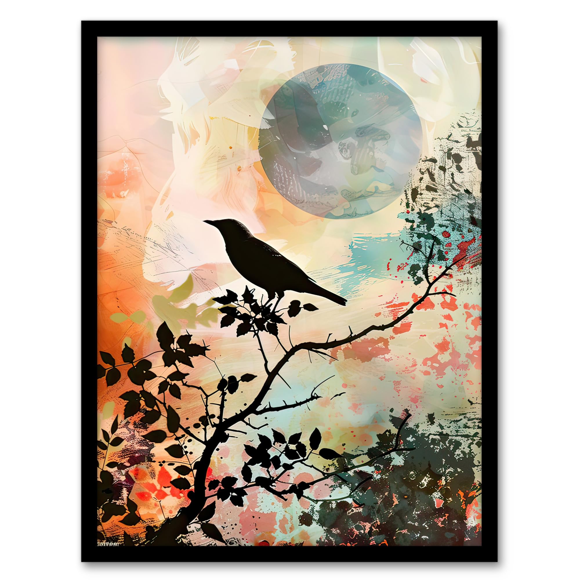 Artery8 Bird in Tree Sunset Artwork Calm Peaceful Nature Living Room Artwork Framed Wall Art Print A4