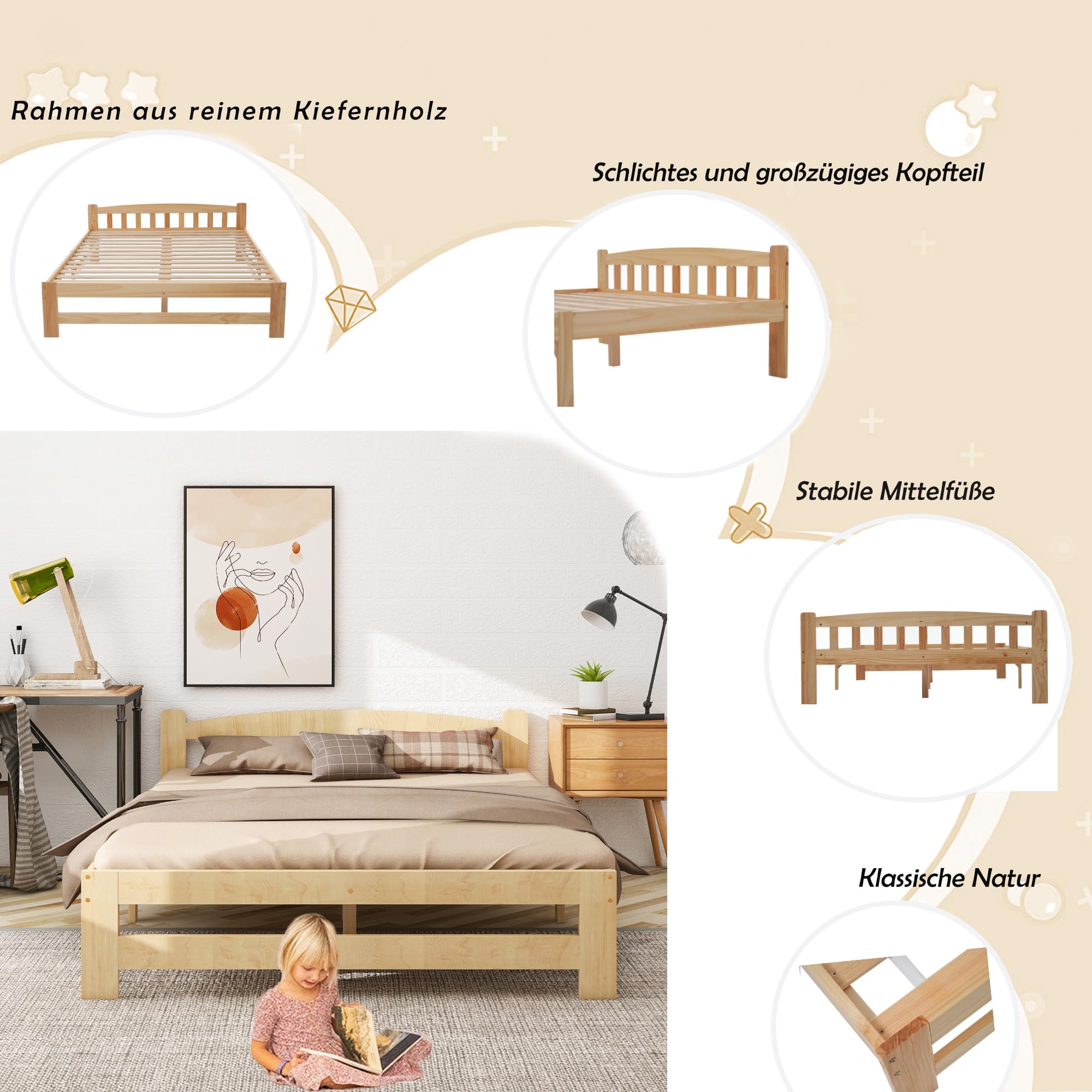 Merax Massivholzbett 140x200cm, Doppelbett aus Holz mit Kopfteil und Lattenrost, hochwertiges Bettgestell, Solide Futonbett, Jugendbett, Erwachsenenbett, ohne Matratze, Natur
