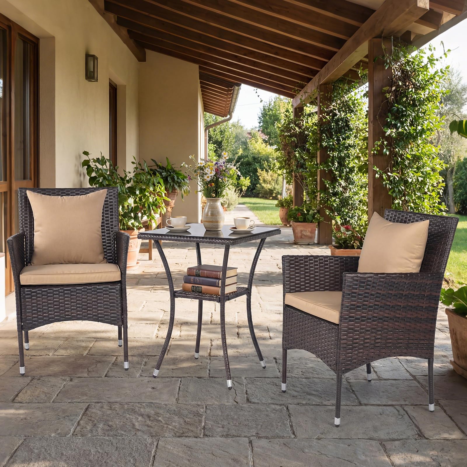 COSTWAY Rattan Gartenmöbel Set, Balkonmöbel Kleiner Balkon, Balkon Möbel mit 2 Sessel, Glastisch und Kissen, Gartenlounge 2 Personen, Sitzgruppe für Garten, Veranda, Poolbereich (Mix Braun+Beige)
