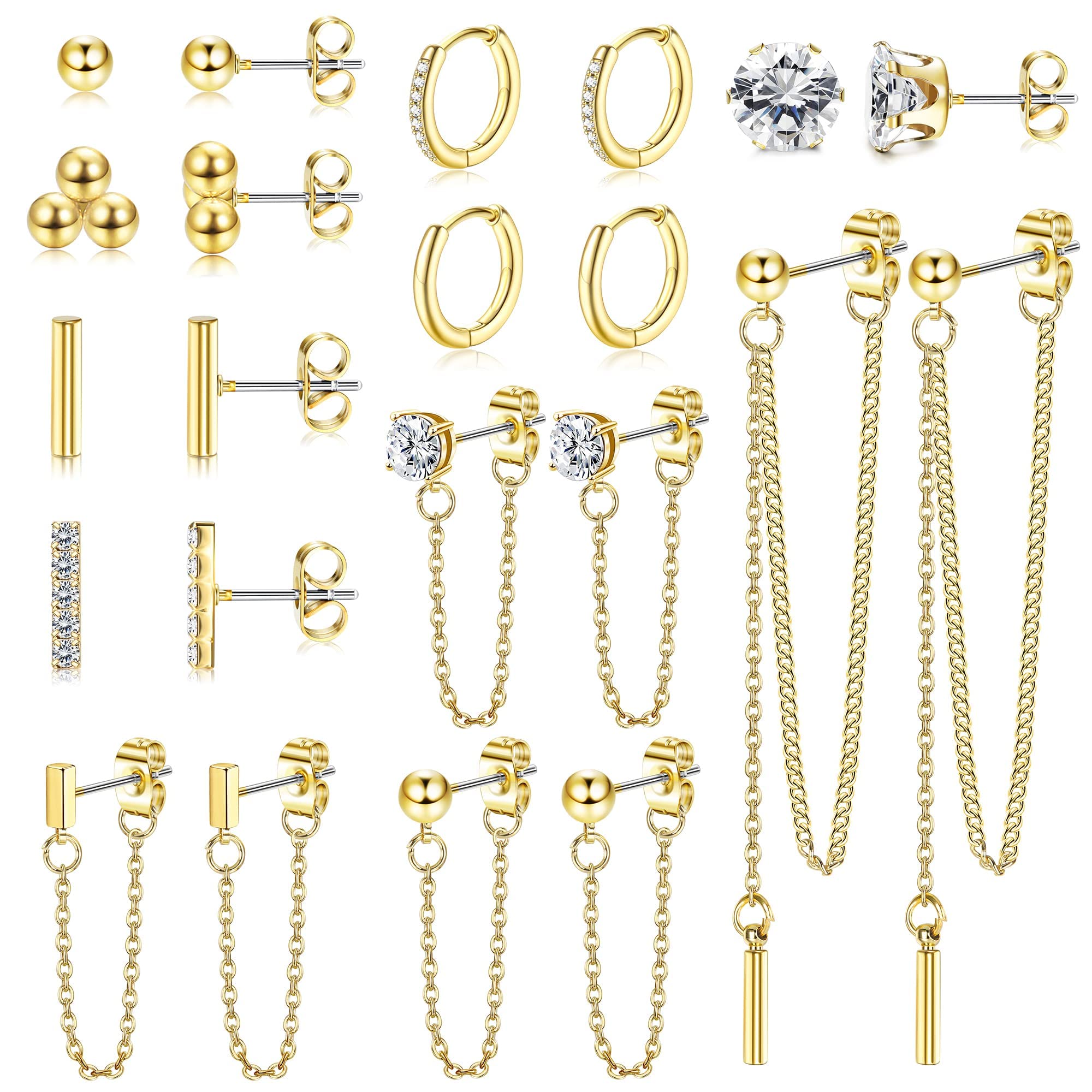 Morfetto11 Pares de Pendientes Colgantes para Mujer, Pendientes de Botón de Circonita con Bola de Barra, Pendientes de Aro Minimalistas, Pendientes de Cadena de Acero Inoxidable, Conjunto