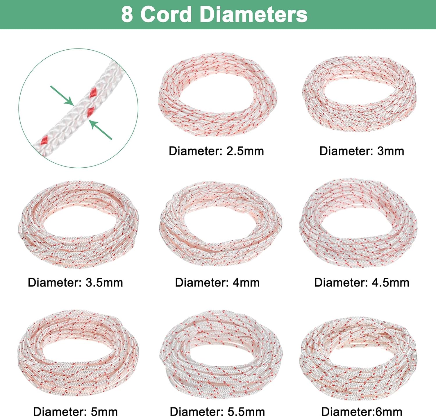 M METERXITY Recoil Starter Rope Pull Cord 4mm 100m Pull Starter Rope Nylon Pull Cord Pull Starter Rope for Mower/Chainsaw/Trimmer/Brush Cutter [White Red]