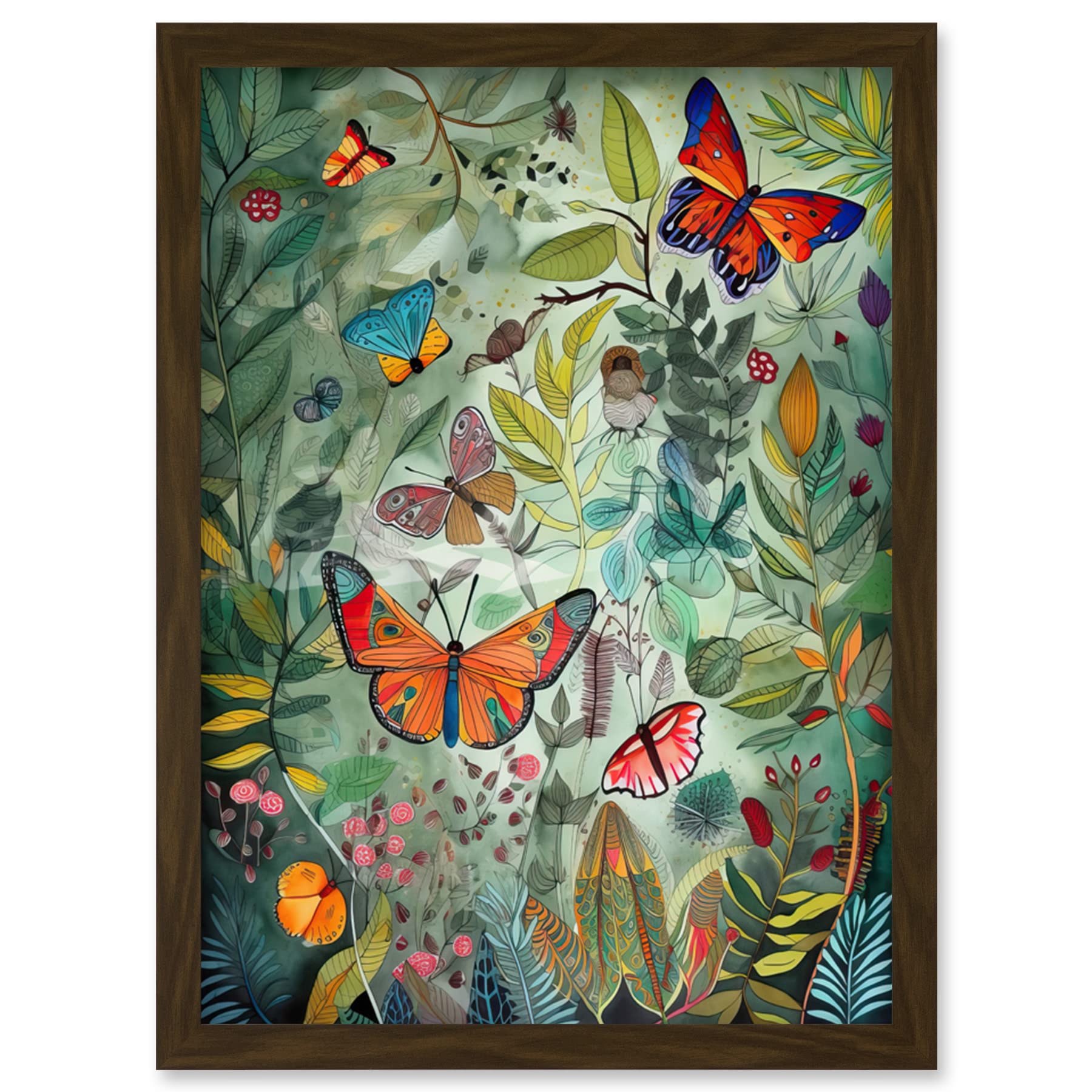 Artery8 Butterflies in a Spring Field Modern Folk Art Artwork Framed Wall Art Print A4