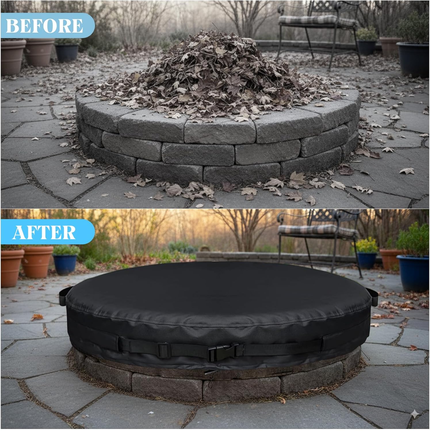 Round Fire Pit Cover 51-56" | Heavy Duty 600D Oxford Waterproof Outdoor Firepit Cover with Adjustable Buckle Strap for In-Ground Built-In Stone/Gas Fire Pits(Black, 51")