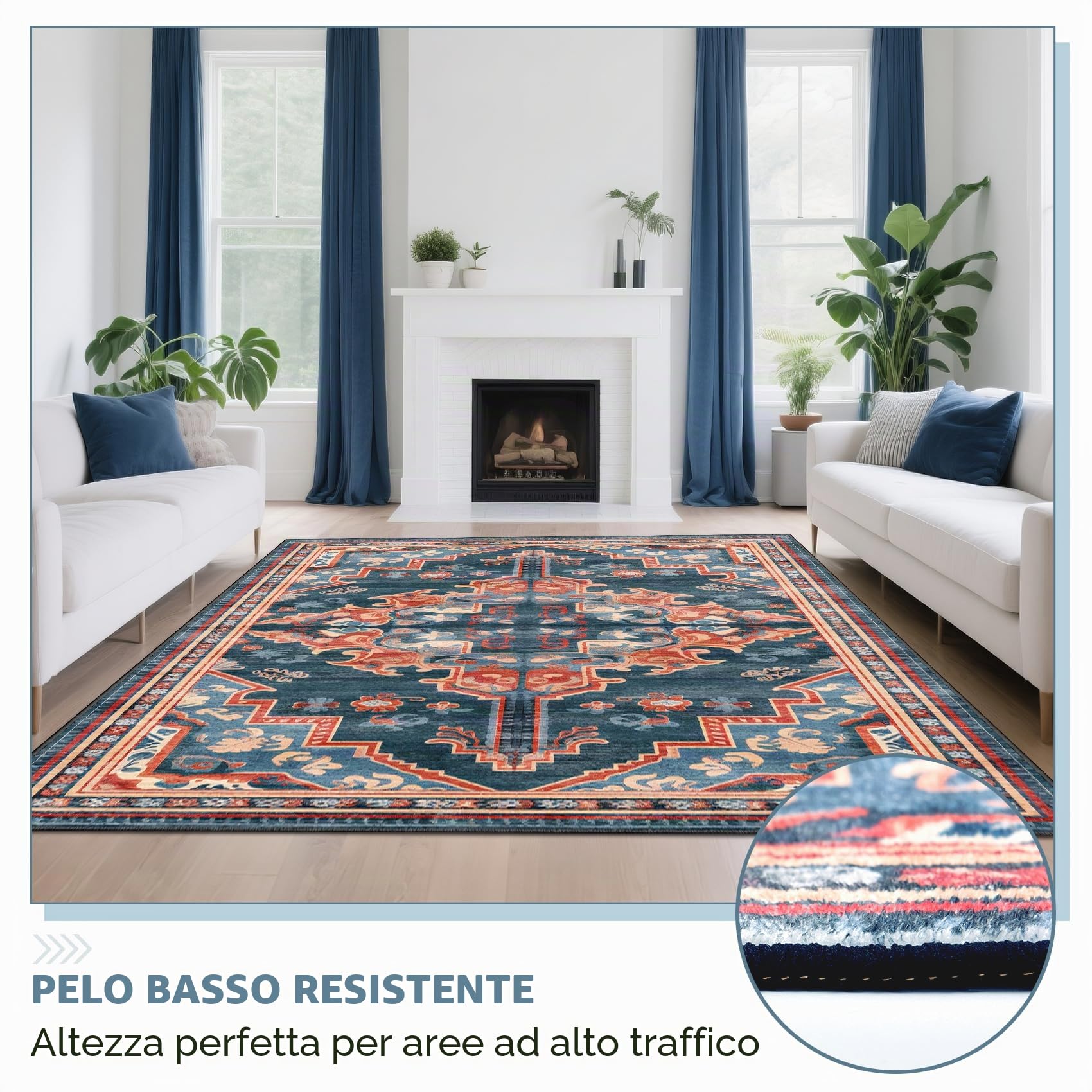 Tappeto per soggiorno, 120 x 180 cm, tappeto da comodino, cucina, antiscivolo, lavabile, per decorare la casa, camera da letto, dormitorio, camera dei bambini, salotto, ufficio, blu scuro, arancione