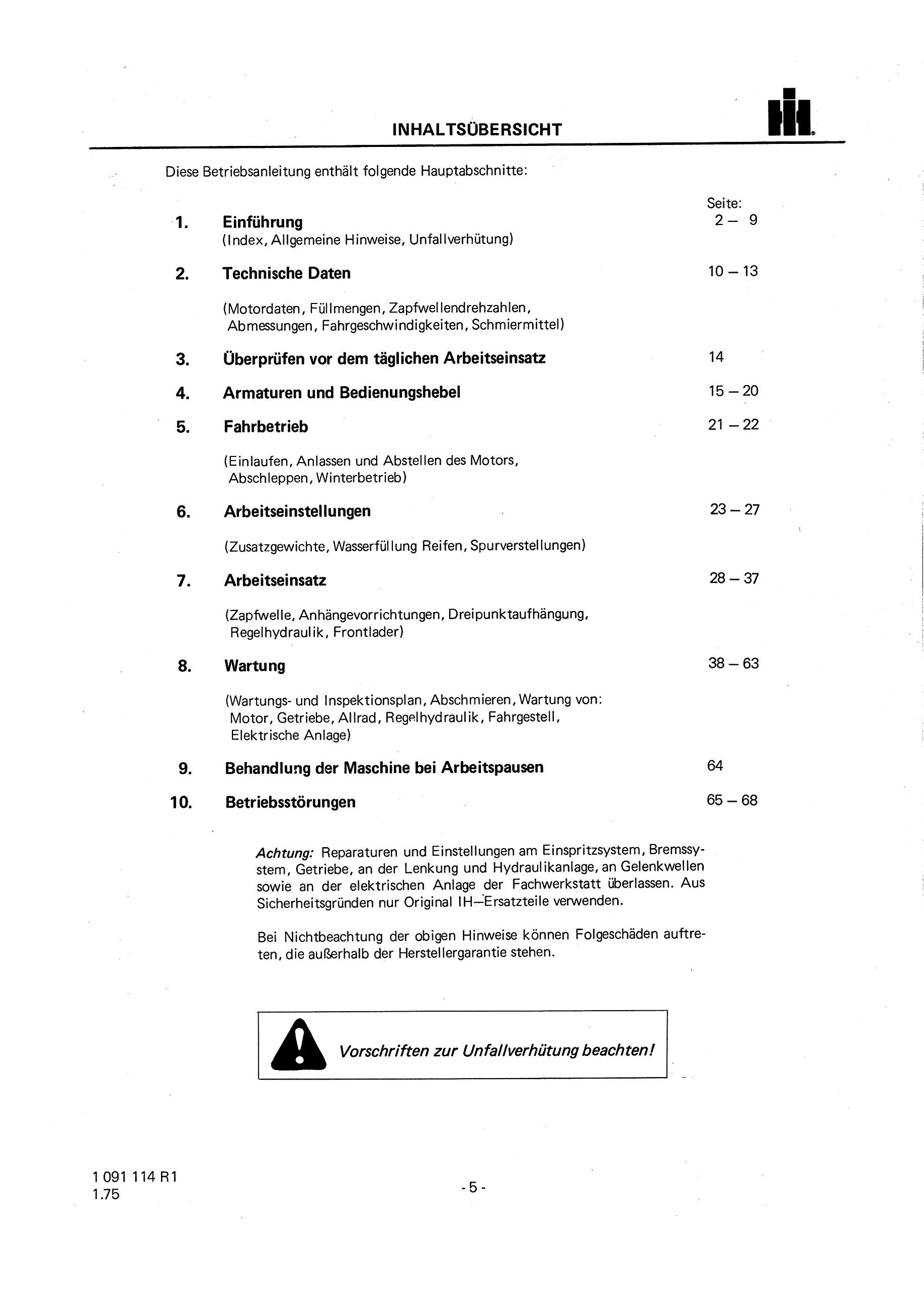IHC Betriebsanleitung Bedienungsanleitung Traktor 433 533 633