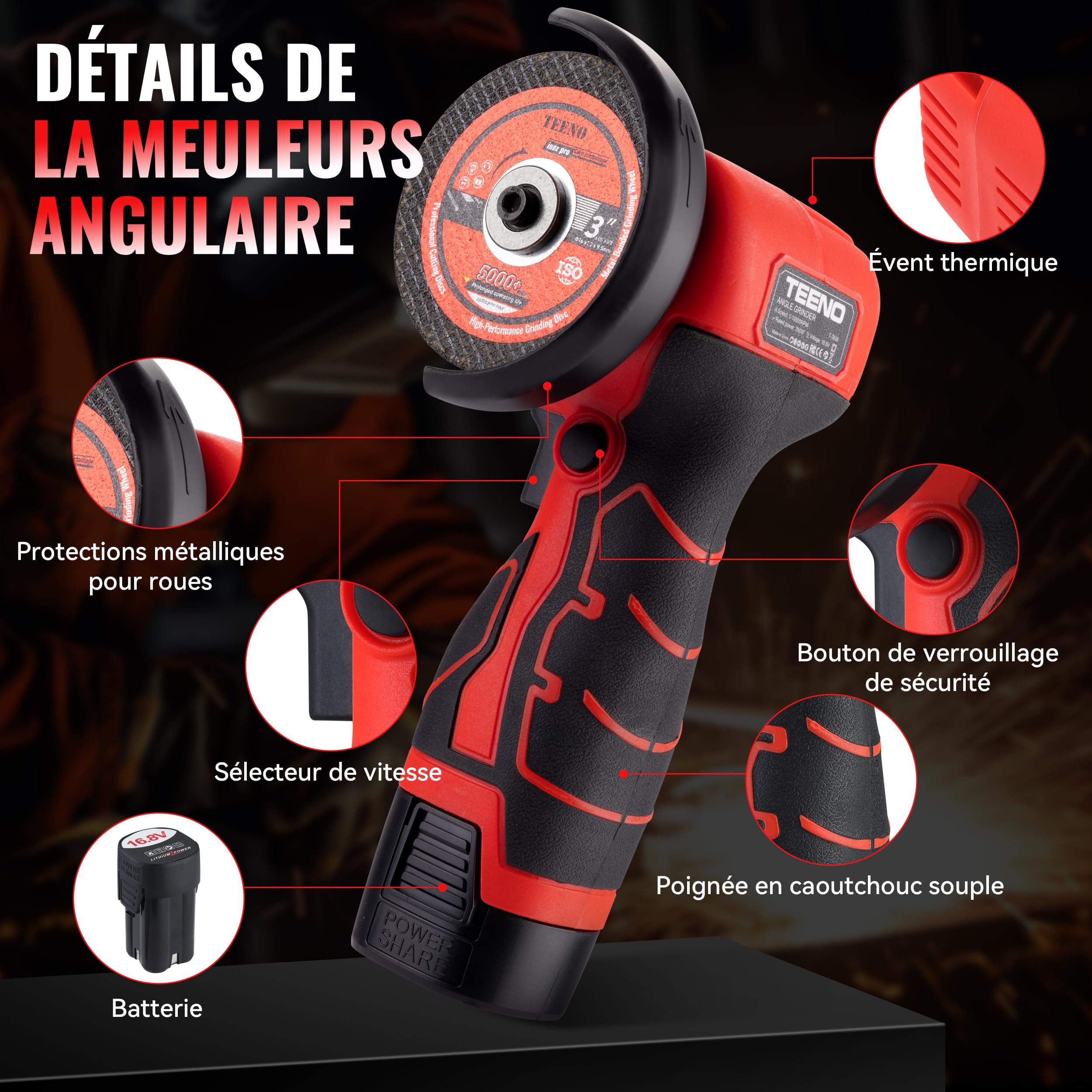 Meuleuse d'Angle TEENO 19 500 RPM - Disqueuse Sans Fil 76mm, Kit Complet avec 2 Batteries 2000mAh et 6 Disques - Pour Meulage, Polissage, Découpe Professionnelle