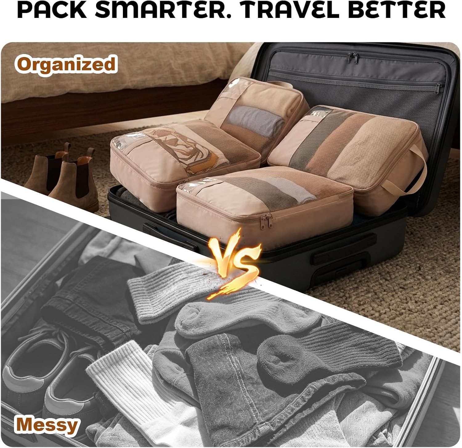 6-Piece Compression Packing Cubes for Travel, Oxford Luggage Organizers for Suitcases, Expandable Space Saving Travel Essentials with Double-Layer Shoe Bag, Pink