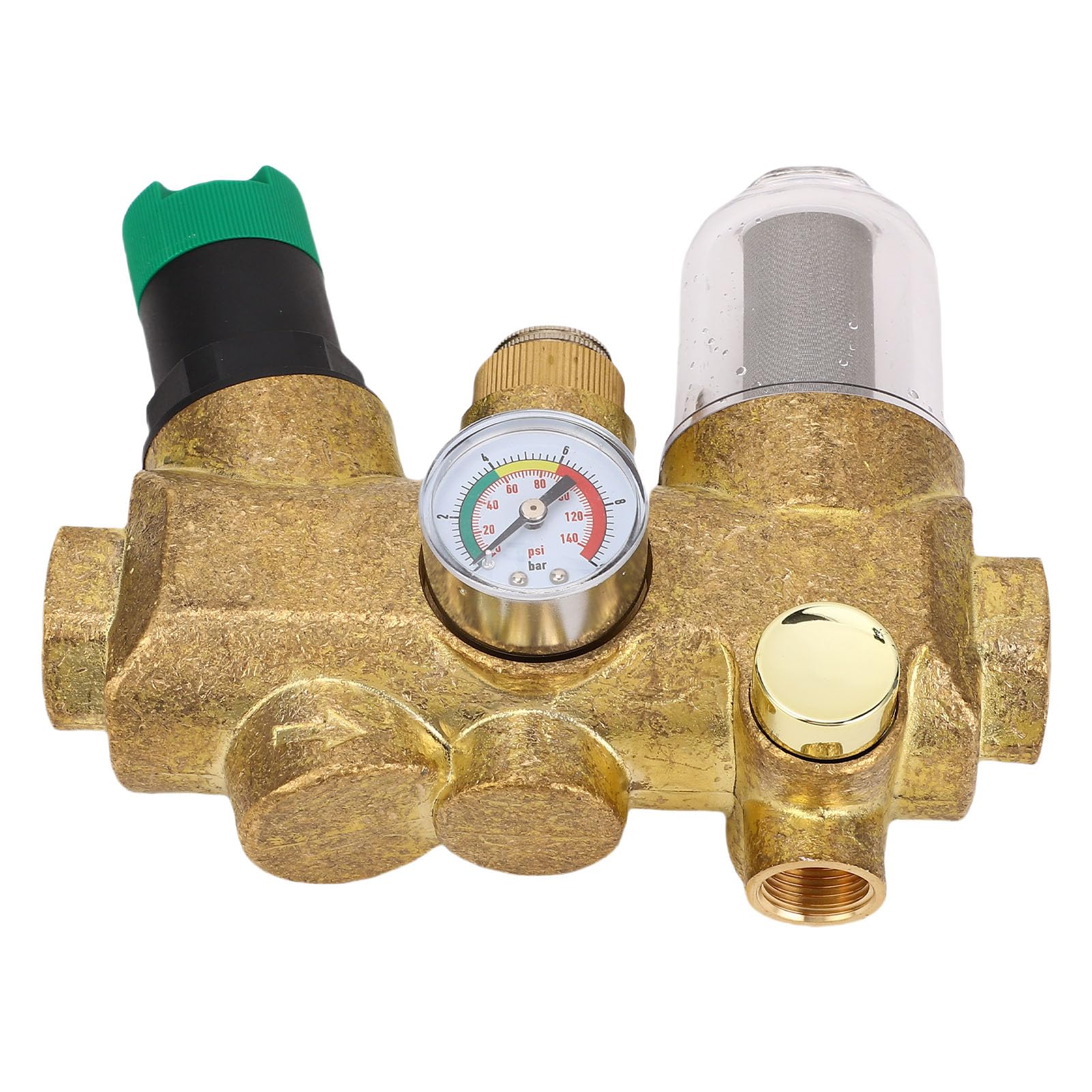 Válvula reguladora de presión de agua SustVita, cuerpo de latón DN15 de 1/2 pulgada, con filtro autolimpiante de 40 μm y manómetro para línea de agua residencial principal (1/2 pulgada (DN15))