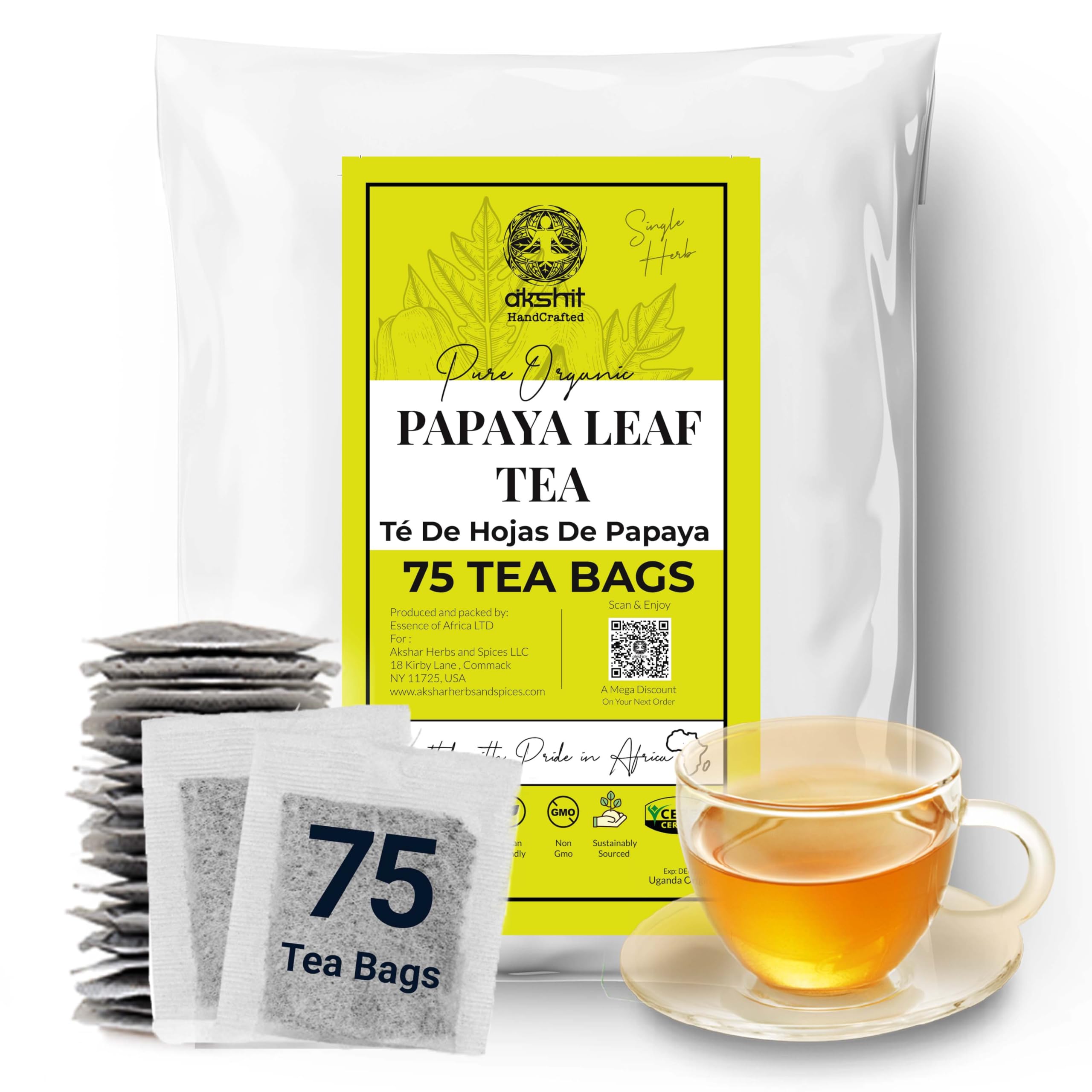Akshit Premium Papaya Leaf Tea, 75 Tea Bags, 100% Natural Papaya Leaves, Herbal Tea, Caffeine Free, Non GMO, No Gluten, Vegan.