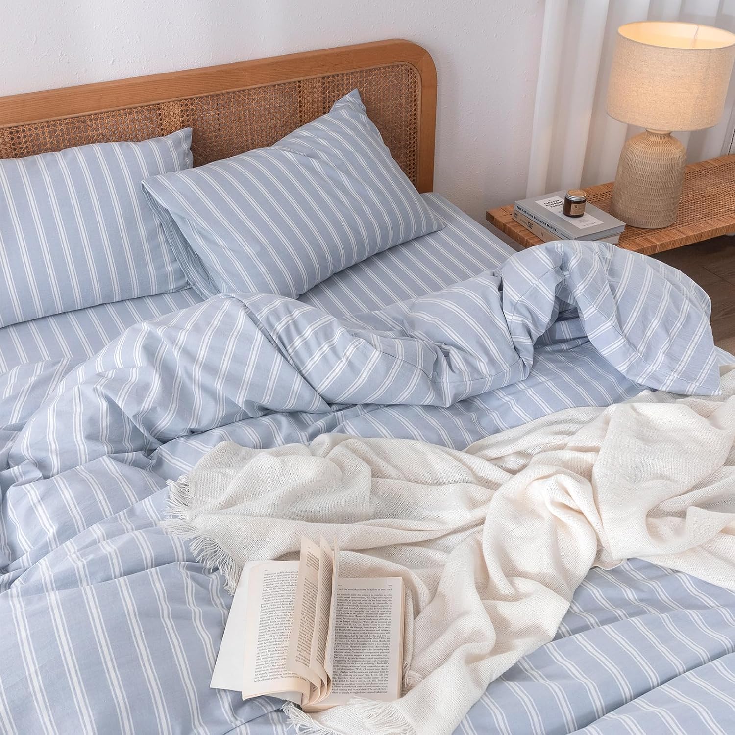 bestouch duvet cover set 100% washed cotton linen feel super soft comfortable chic lightweight 3 pcs home bedding set cornflower blue & white stripes queen stripes - cornflower blue/ white (no comforter) queen (90" x 90")