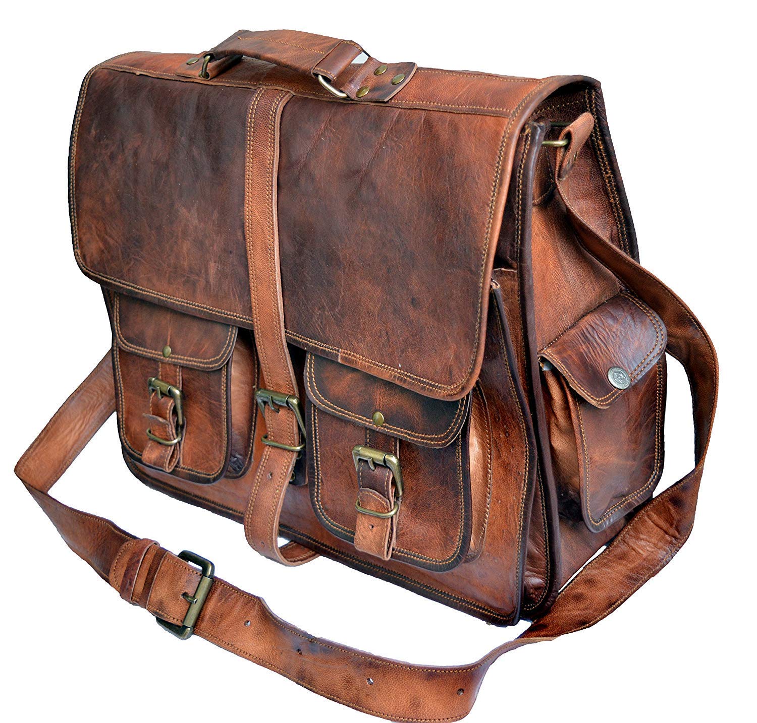 jaald 16" leather messenger bag laptop case office briefcase gift for men computer distressed shoulder bag