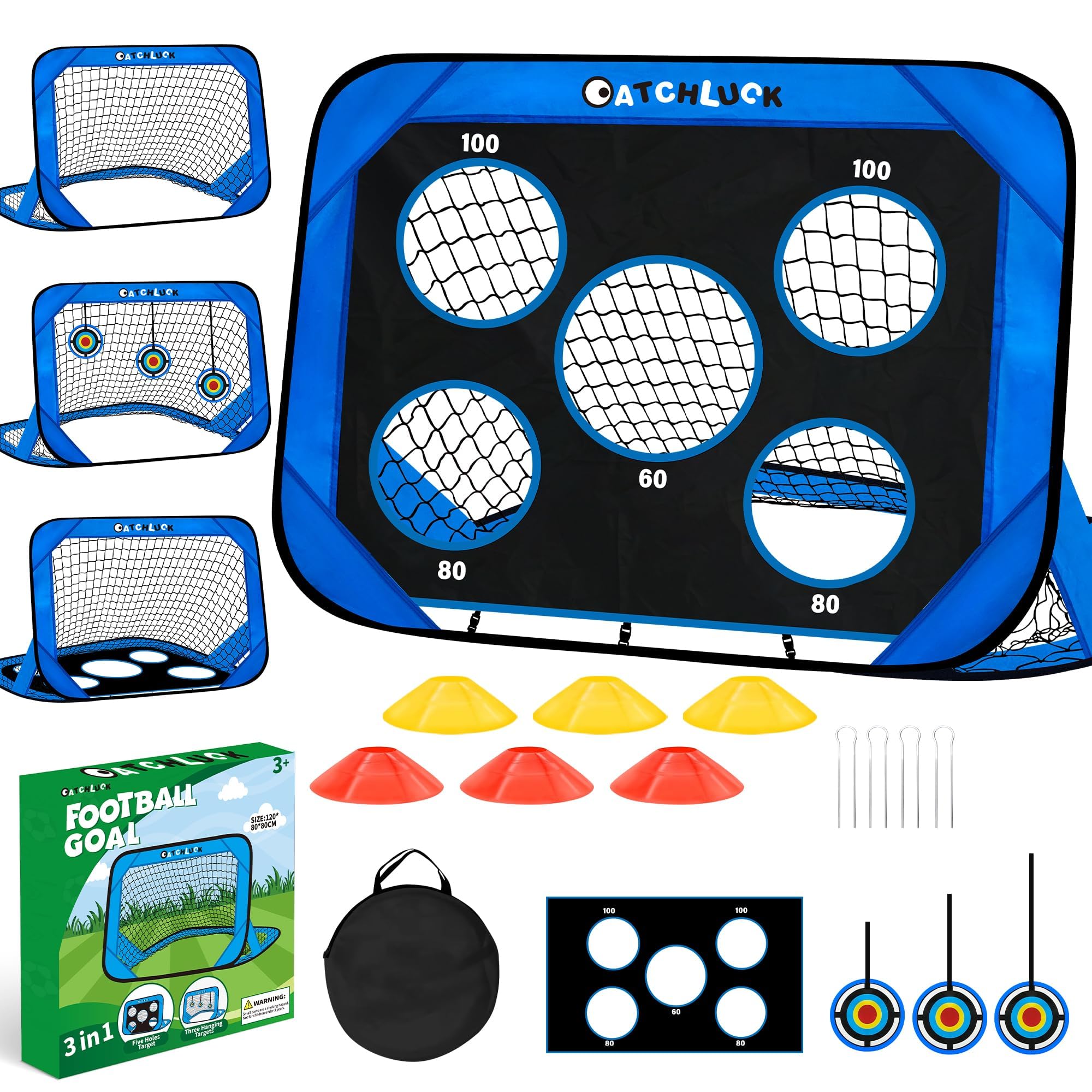 CATCHLUCK Football Goals for Kids Football Nets Goal Posts for Garden Kids Goal Target with 6 Training Cones, Target Net and Carry Bag, Blue