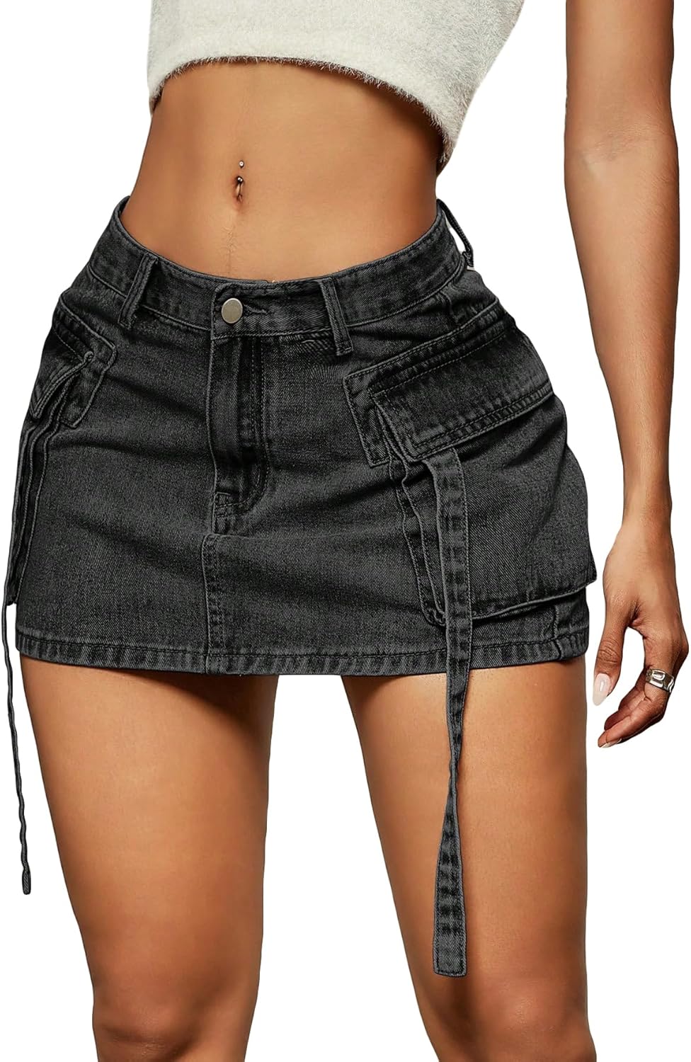 Verdusa Women's Rave Mini Jean Skirt Streetwear Denim Cargo Skirts with Pockets