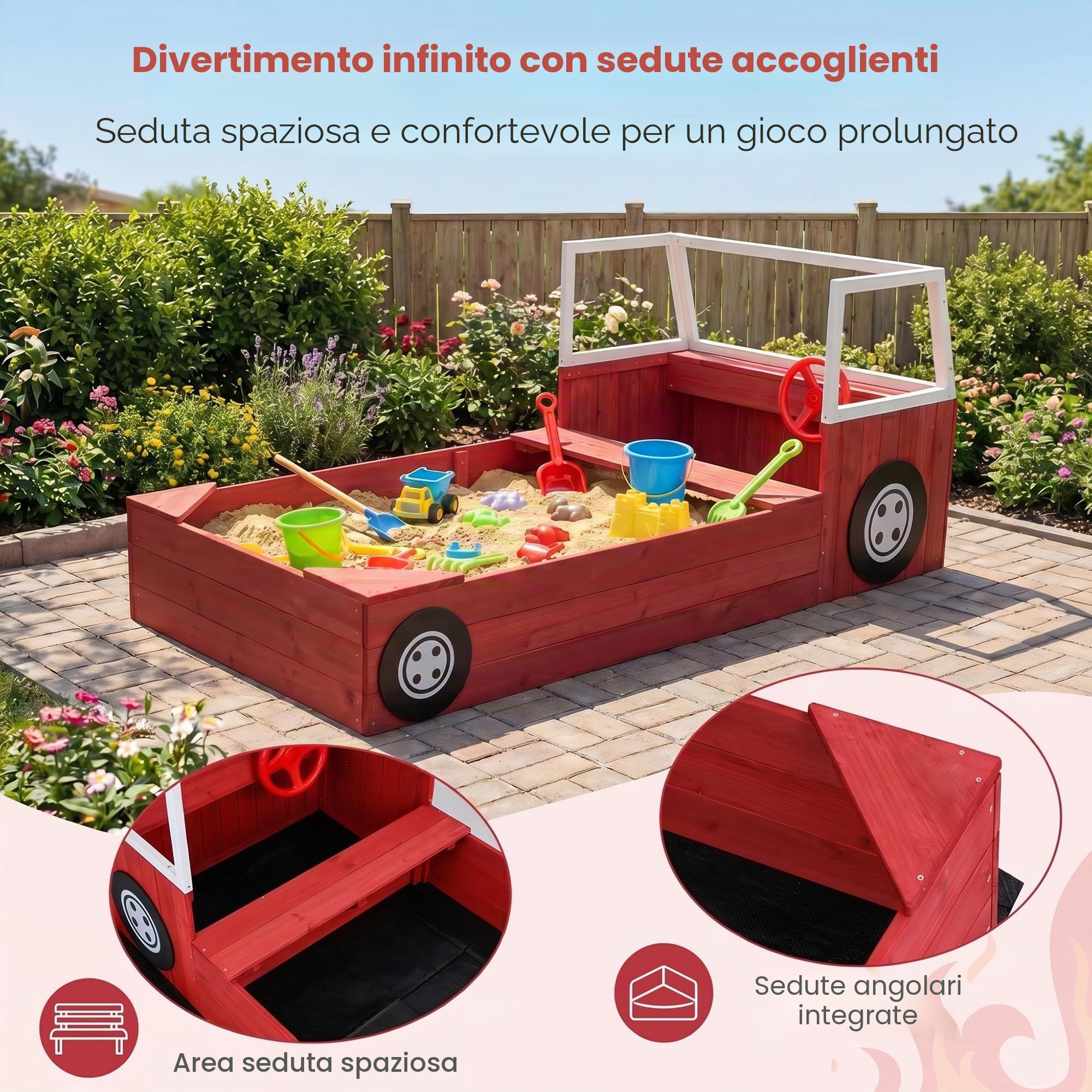 HOMASIS Sabbiera per Bambini in Legno, Sabbiera da Esterno a Forma di Autopompa con Panca, Sedile, Volante e Fodera, Gioco da Spiaggia per Cortile e Giardino, per Bambini 18+ Mesi, 156 x 80 x 70 cm