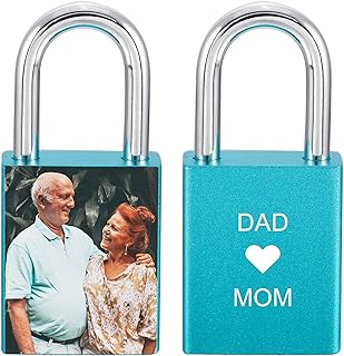 MeMeDIY Personalized Love Lock Engraving Photo Custom Picture for Couples Men Women Boyfriend Girlfriend Lover Aluminum Memorial Anniversary Valentine Bridge Padlock with Key (Blue Color)