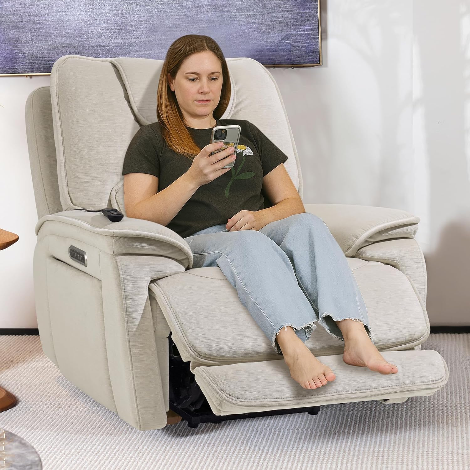 EONIX Triple Motor Lay Flat Zero Gravity Power Recliner Chair with Heat and Massage, Independent Adjustable Backrest Footrest Headrest, 400lbs Heavy Duty Medium Size, Stylish Chenille, Cream White