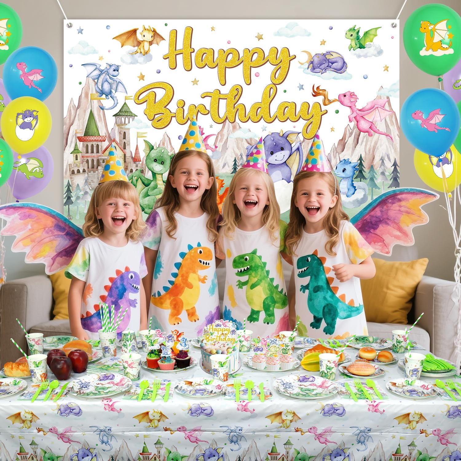 Dragon Party Supplies, Including Happy Birthday Party Backdrop, Plates, Cups, Napkins, Tablecloth, Balloons, Straws, for Dragon Theme Boy Girl Birthday Party Decorations Serves 20 Guest