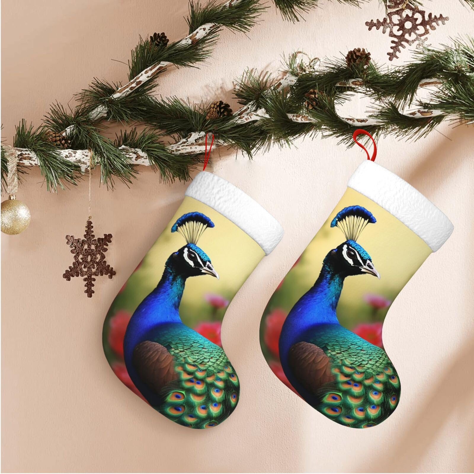 Peacock Flowers Christmas Stockings Velvet Xmas Fireplace Hanging Stocking with Plush Cuff Rustic Christmas Santa Stockings for Home Christmas Decorations Party Favor Supplies