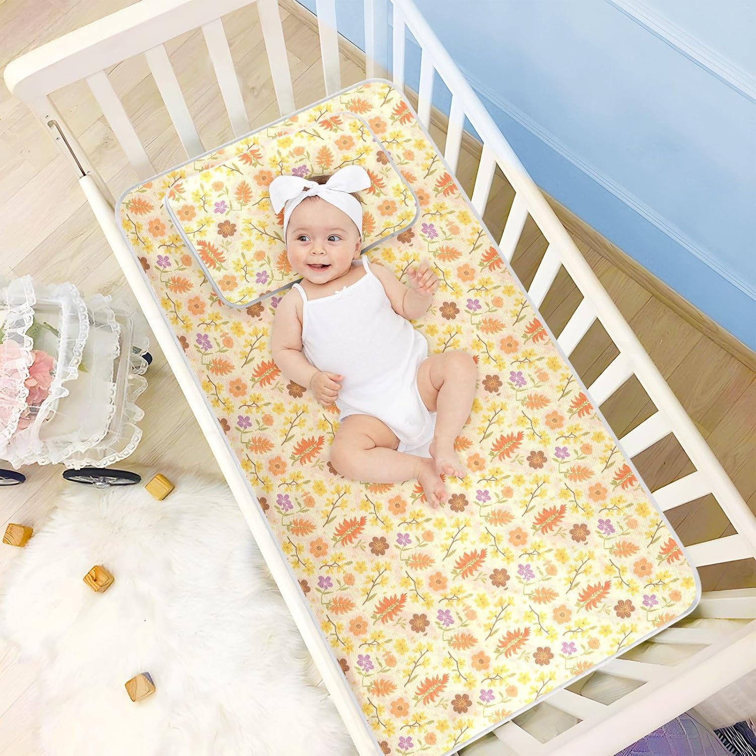Summer Yellow Hot Flower Lovely Cooling Baby Waterproof Mattress 28" x 52" Ultra Soft Mattress Protector Pads for Baby&Toddler