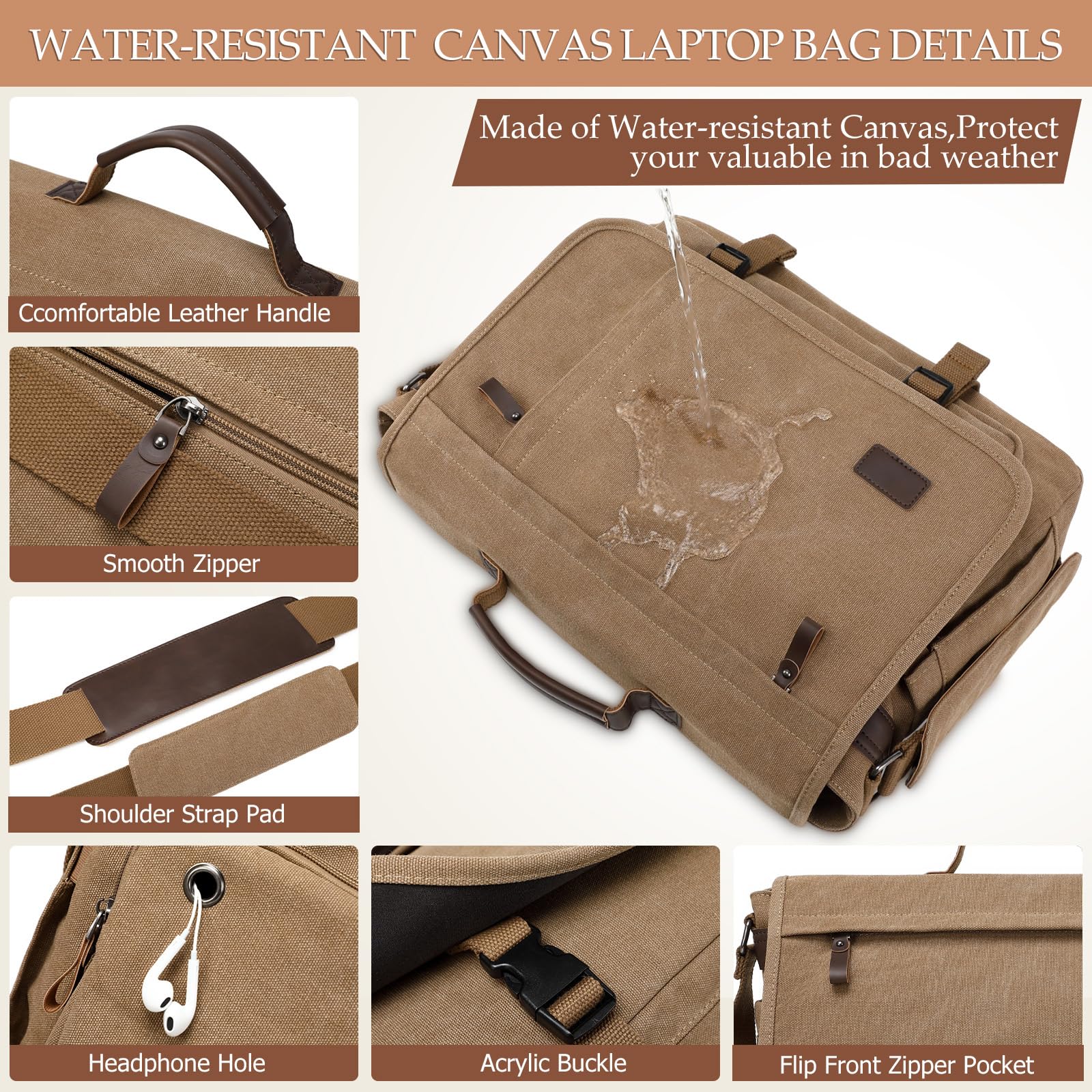 17.3 Inch Messenger Bag for Men: 2PCS Laptop Work PU Leather Canvas Briefcase Carry On Large Computer for Office College Travel (Brown)