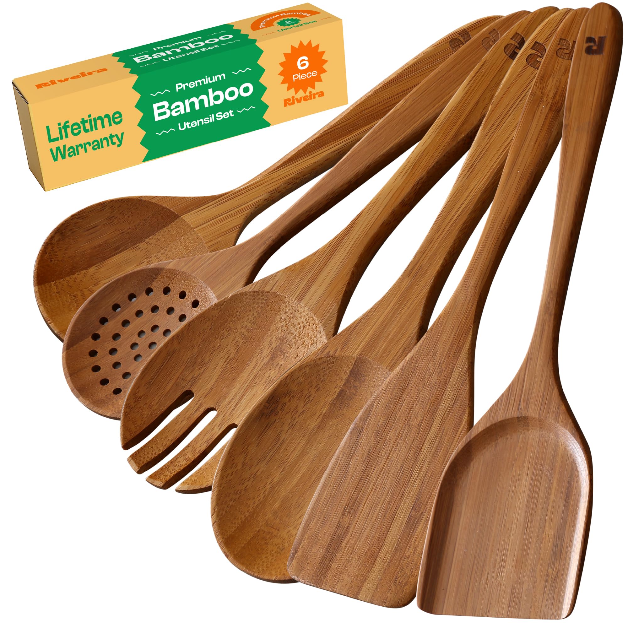 Riveira Brown Bamboo Wooden Cooking Utensils Set of 6 Premium Quality, Non-Toxic, Heat-Resistant Wooden Spoons and Spatula for All Cookware
