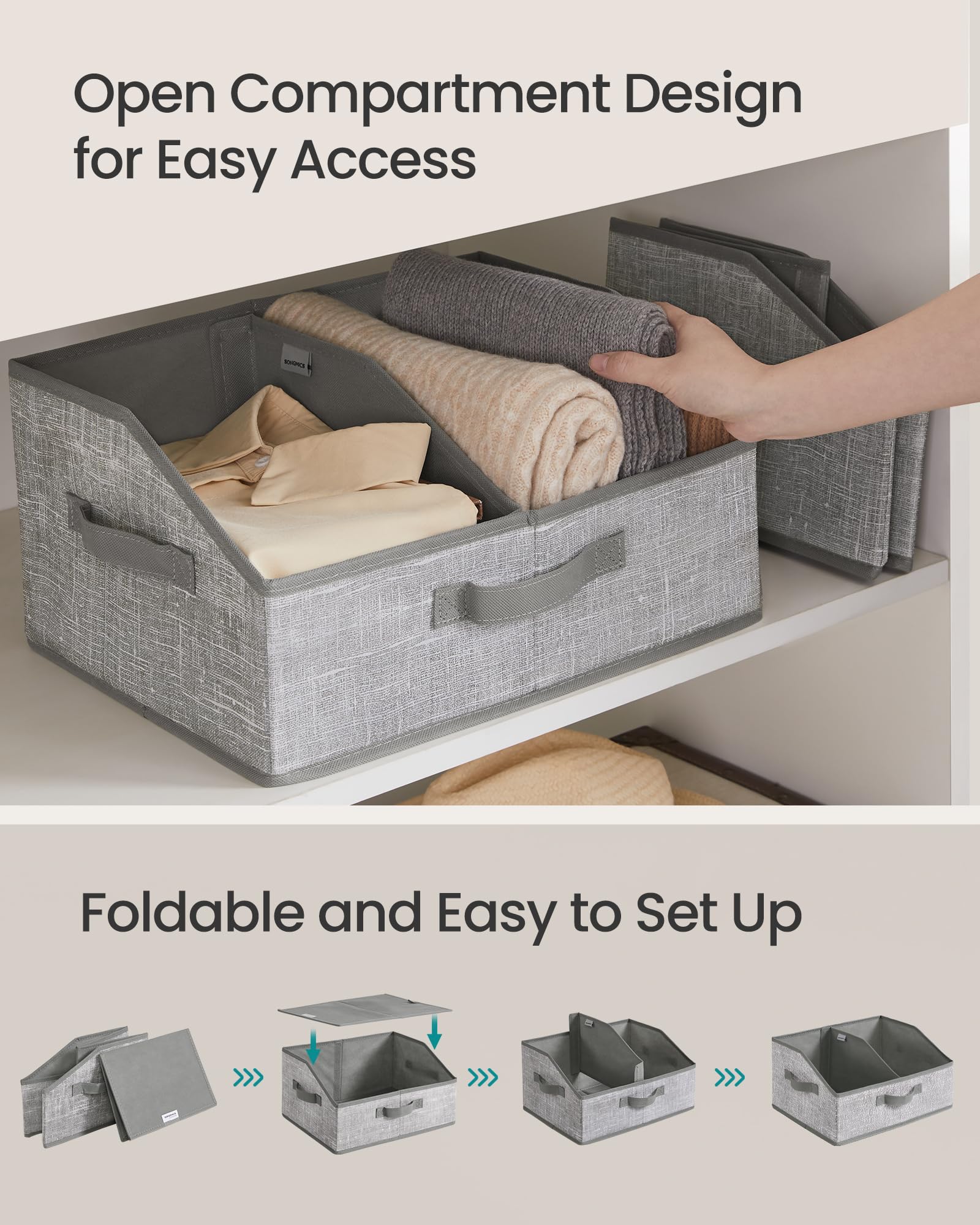 SONGMICS Set di 6 cestini portaoggetti, pieghevoli, scatole in tessuto, 40 x 30 x 20 cm, organizer per armadio, 3 manici, per camera da letto, soggiorno, grigio torta, URFB0140G01