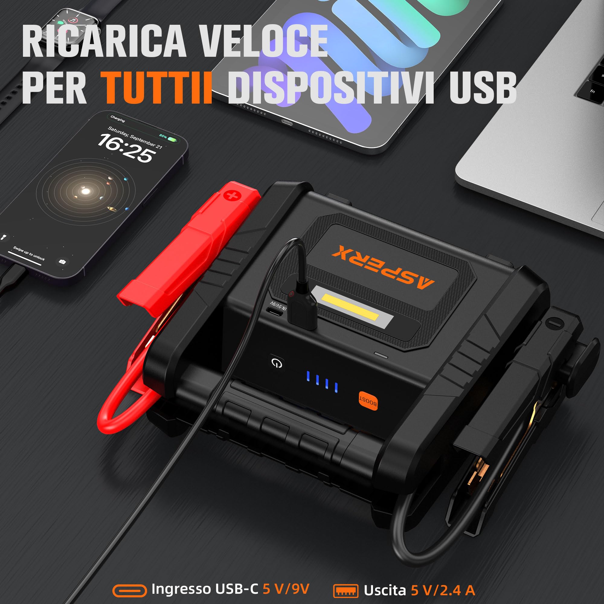 AsperX Avviatore Batteria Auto 6000A, Avviatore di Emergenza per Auto/Moto (Tutti i Motori a Benzina o Diesel fino a 12L), Starter Batteria Auto 12V con Torcia LED per Auto, Camion, Moto