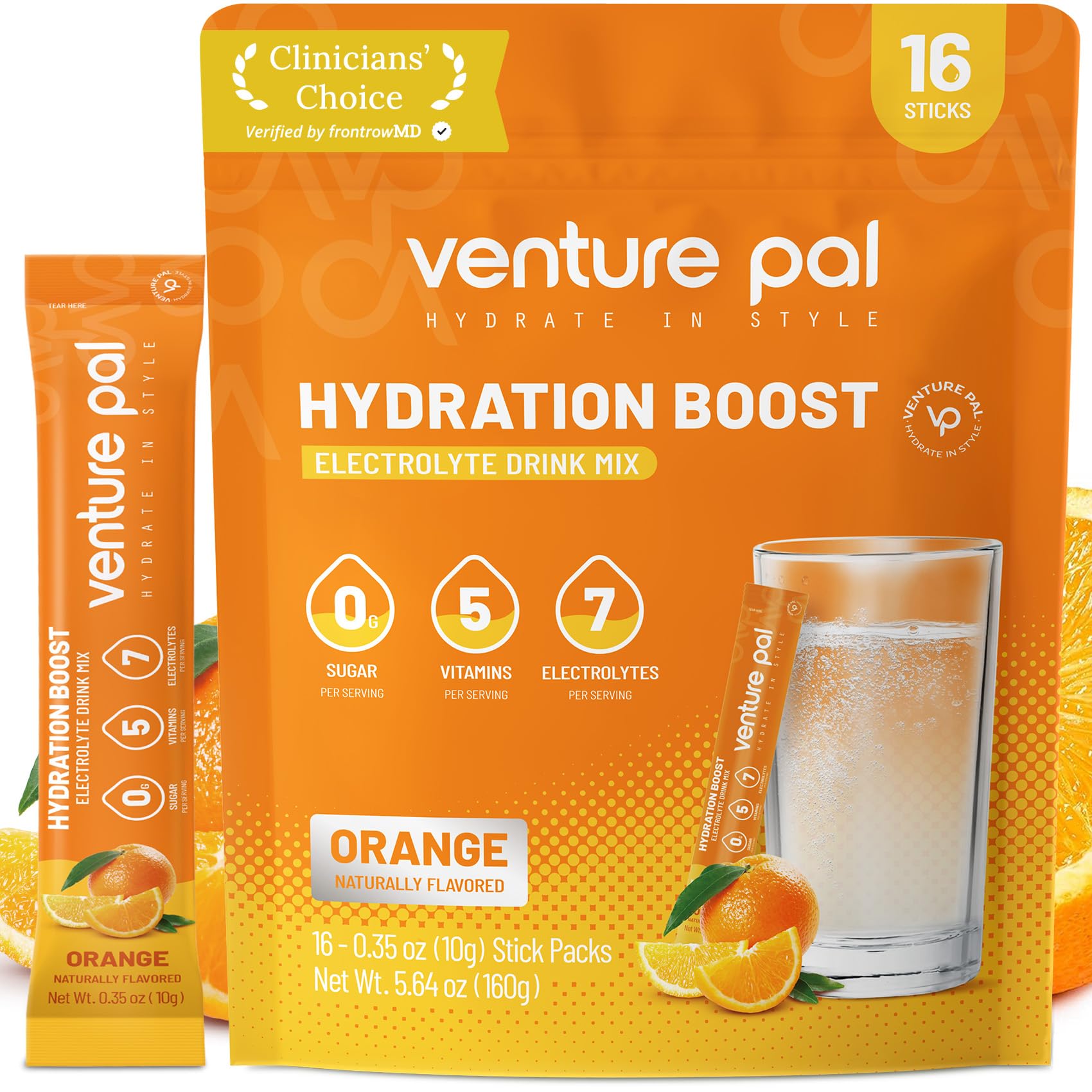 Venture Pal Sugar Free Electrolyte Powder Packets - Liquid Daily IV Drink Mix for Rapid Hydration & Party Recovery | 5 Vitamins & 7 Electrolytes| Keto Friendly | Non-GMO | Certified Vegan | 16 Sticks
