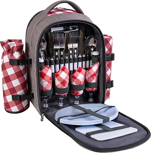 Miniatura 53 de apollo walker Mochila de picnic para 2 personas con compartimento refrigerador, soporte desmontable para botellas/vino, manta de vellón, platos