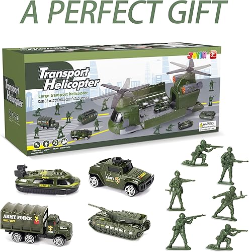 Miniatura 5 de JOYIN Juego de juguete de avión de transporte militar incluye helicóptero alimentado por fricción con luz 6 autos militares fundidos a presión y 12