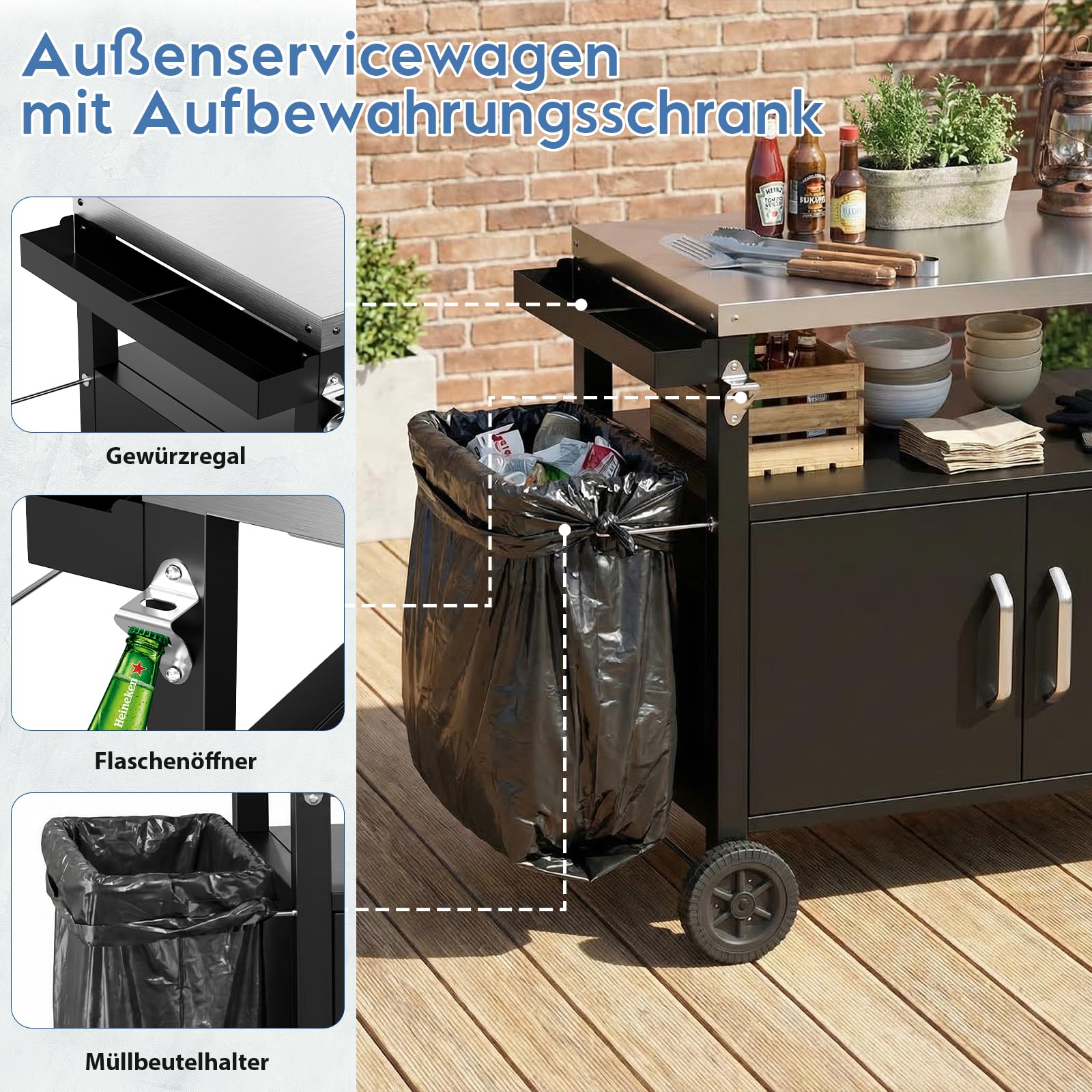 TLSUNNY Grilltisch mit Edelstahlplatte, Grillwagen Outdoor mit Schrank, Grill Trolley Küchenwagen mit 4 Rollen, Grill Beistelltisch Servierwagen für Garten Terrasse Picknicks Partys, 112 x 51 cm