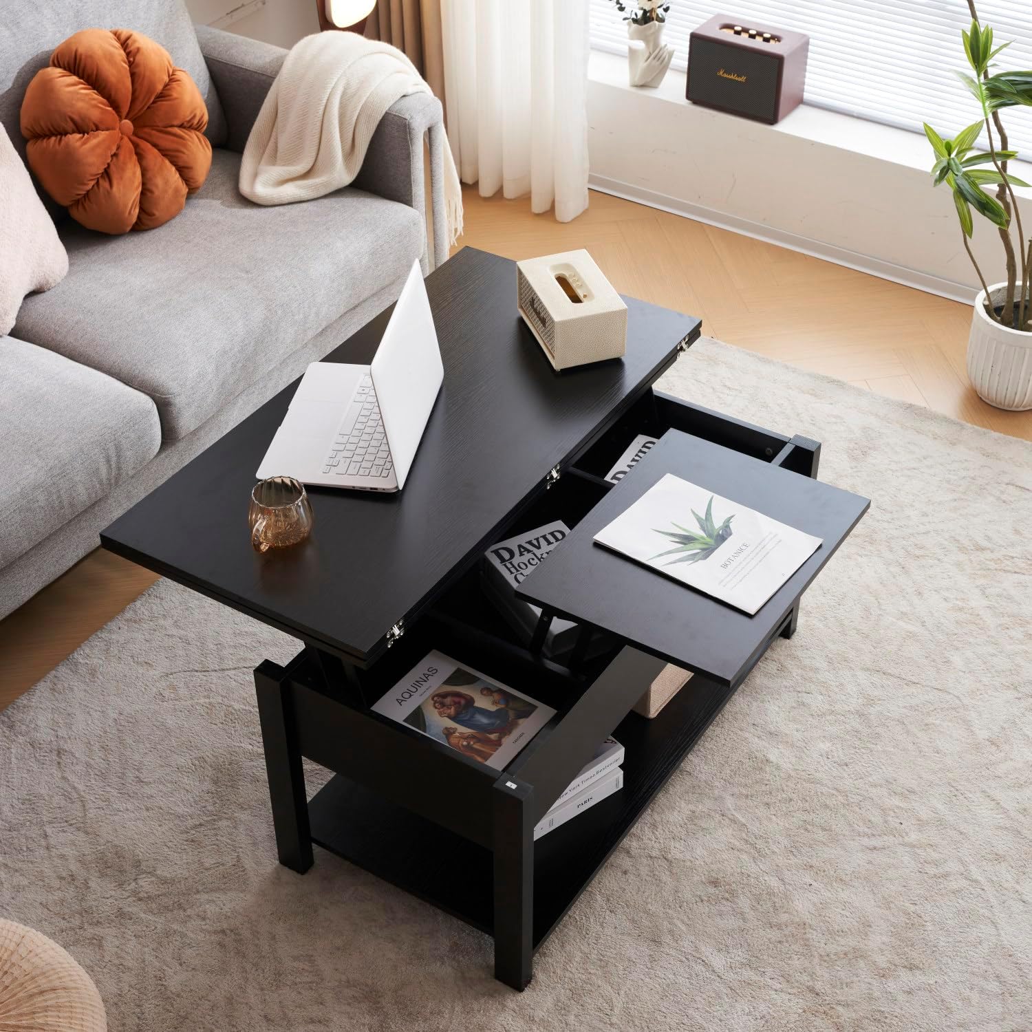 Amazon.co.jp: 昇降テーブル 木製 昇降式テーブル ロータイプ 収納付き  