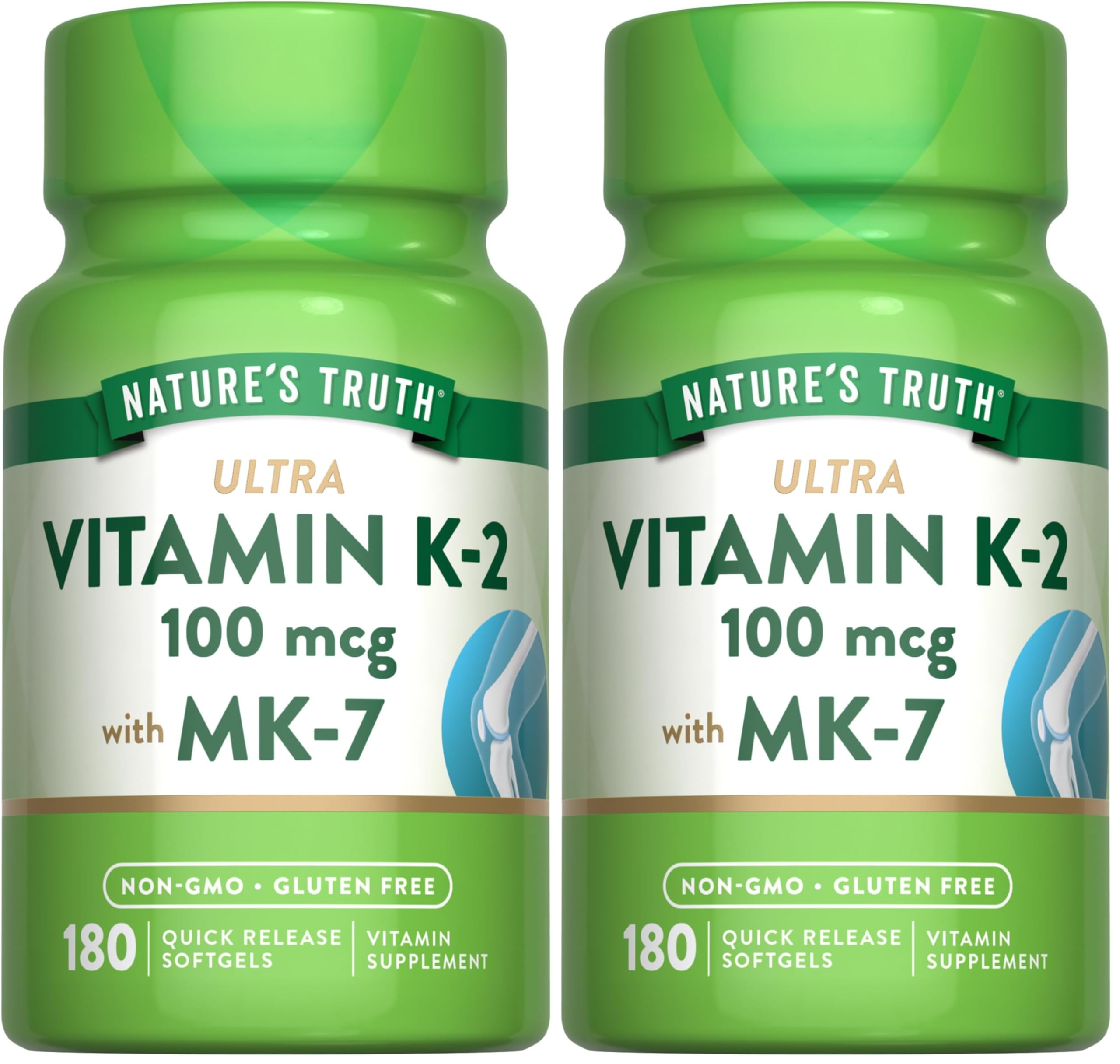 Nature's Truth Vitamin K2 MK-7 | 100 mcg | 180 Softgels | Non-GMO &amp; Gluten Free Supplement (Pack of 2)