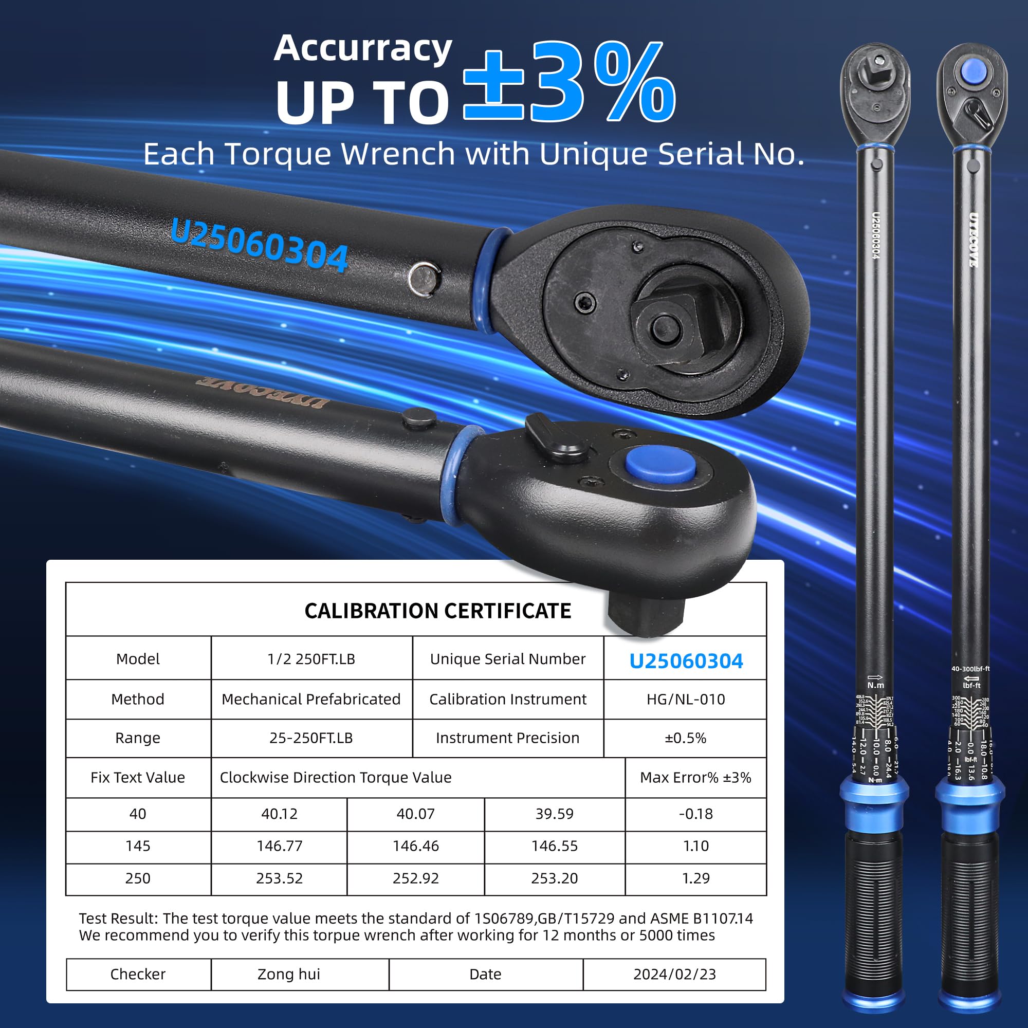 Llave dinamométrica de clic de 1/2 pulgada, llave dinamométrica profesional de doble dirección de 25-250 pies. LB/33.9-339N.M, escalas de doble rango graduadas en FT.LB y N.M, azul