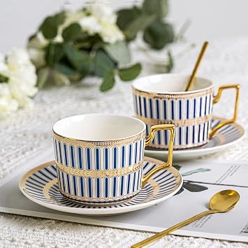 CwlwGO-Bone China Cups & Saucers Set of 2 7 oz with Gold Spoon and Gifts Box, White Tea Cups Sets,Cappuccino Cups,Ceramic British Coffee Cup Set.