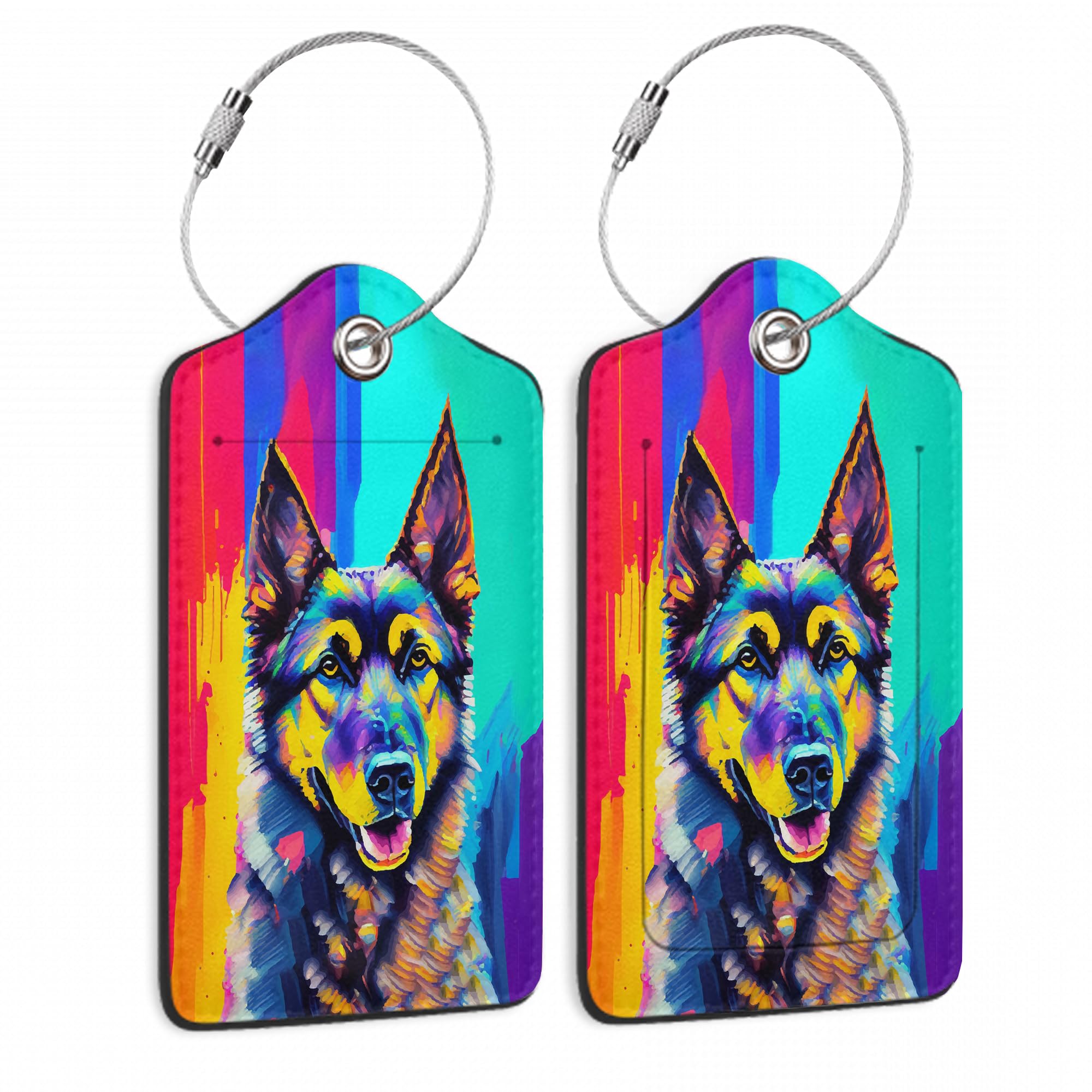 2 Pack Luggage Tag for Suitcase,Art German Shepherd Dog Leather Bag Tags Identifiers Privacy Cover ID Label with Durable Steel Loop for Women Men Kids Girls Travel