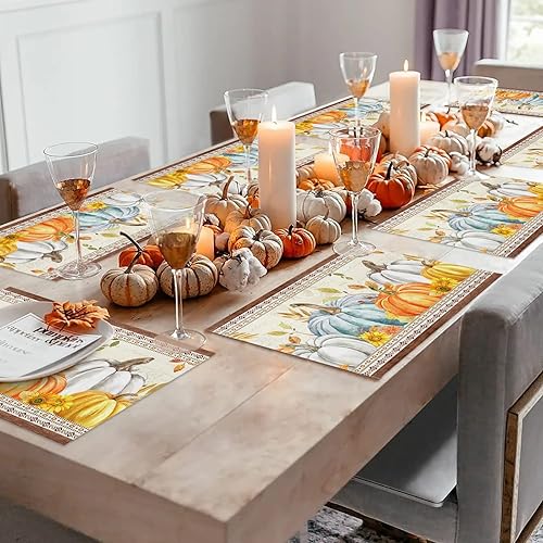 Miniatura 4 de Fall Placemats for Dining Table Set of 6 Pumpkin Maple Leaves Place Mats Wood Grain Autumn Placemat Harvest Thanksgiving Table Mats for Kitchen