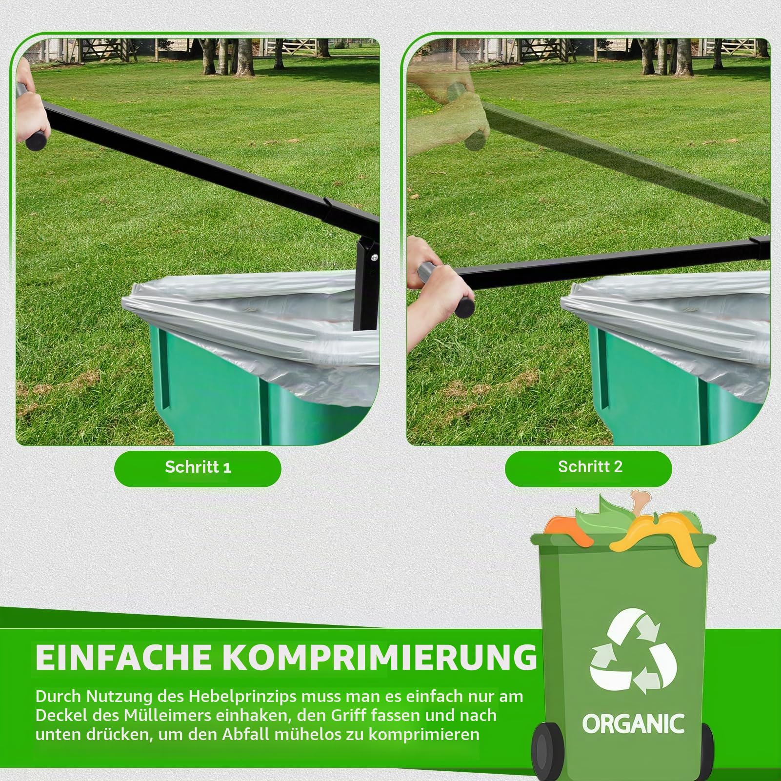 Mülltonnen-Verdichter, manuelle Müllpresse, allgemeine Abfallverdichtung, Outdoor, Mülleimer, Quetscher, Handwerkzeug, Gartenmülleimer, Booster & Recycling-Mülleimer, Abfall, 240 l, Schwarz
