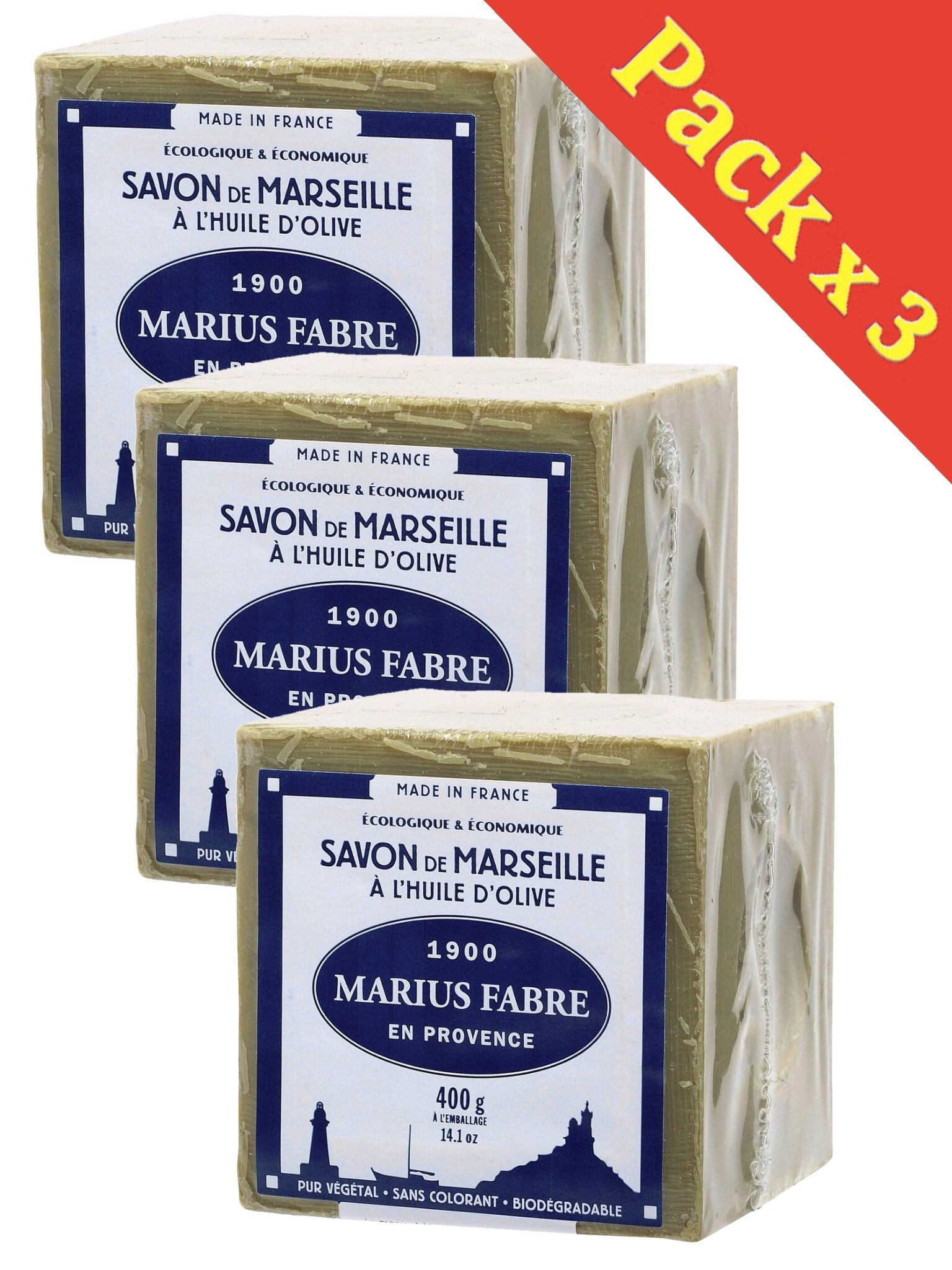 Marius FabreMARSEILLE SOAP - Olive Oil Cube 400 Gr - Lot of 3 Cubes 400 Gr[Amazon-developed Certification] Compact by Design