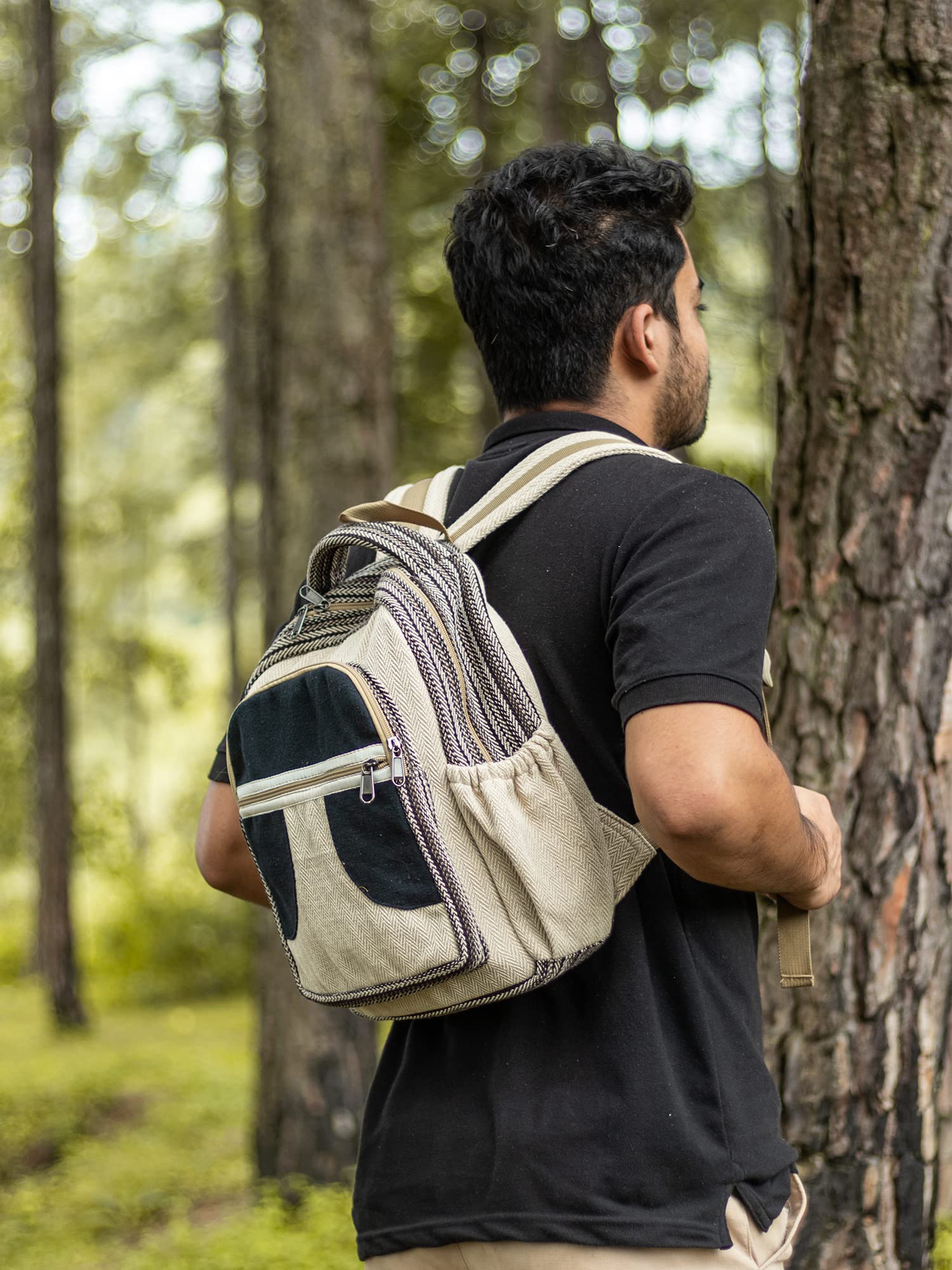 Fwosi - Mochila tejida – Bolsa de cáñamo para la universidad, senderismo y viajes – Ligero, multibolsillo, 5 compartimentos para accesorios diarios – Artesanía de Nepal